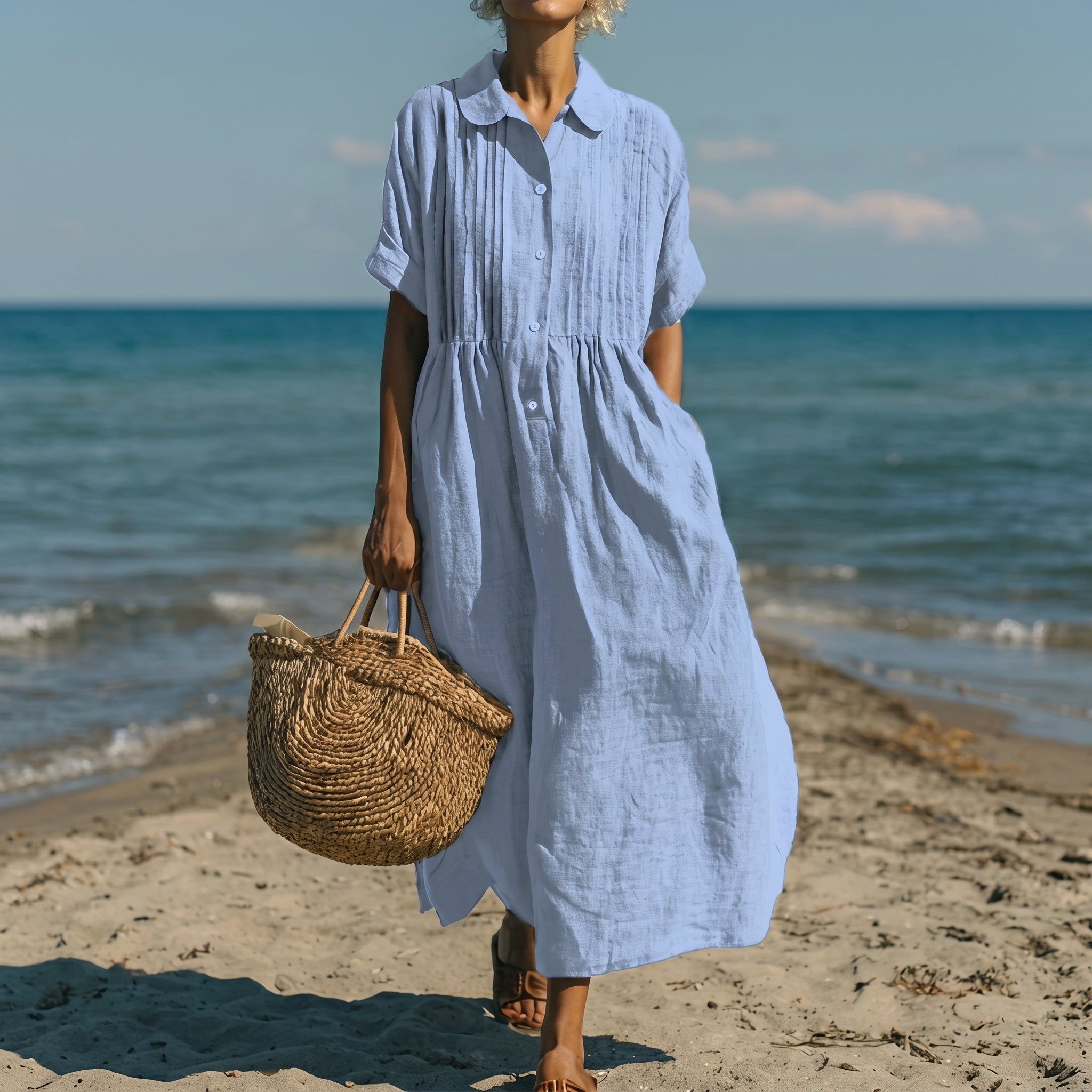 Brigitte - Women's Summer Pintuck Midi Shirt Dress - Dresses - Light Blue - Taylor & Bennett