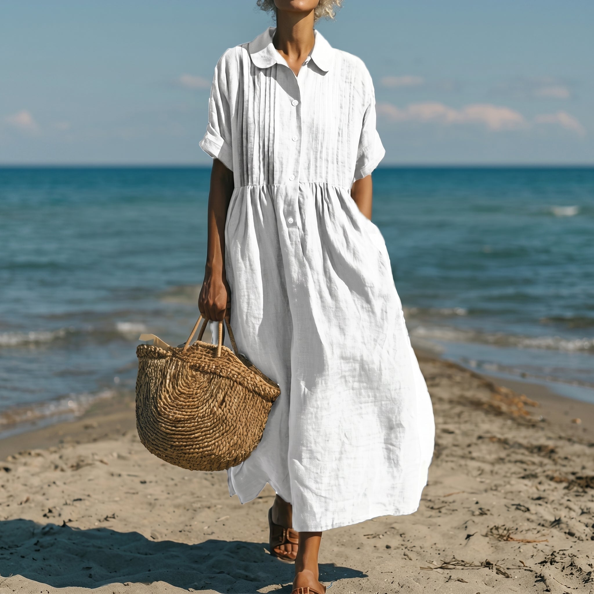 Brigitte - Women's Summer Pintuck Midi Shirt Dress - Dresses - White - Taylor & Bennett