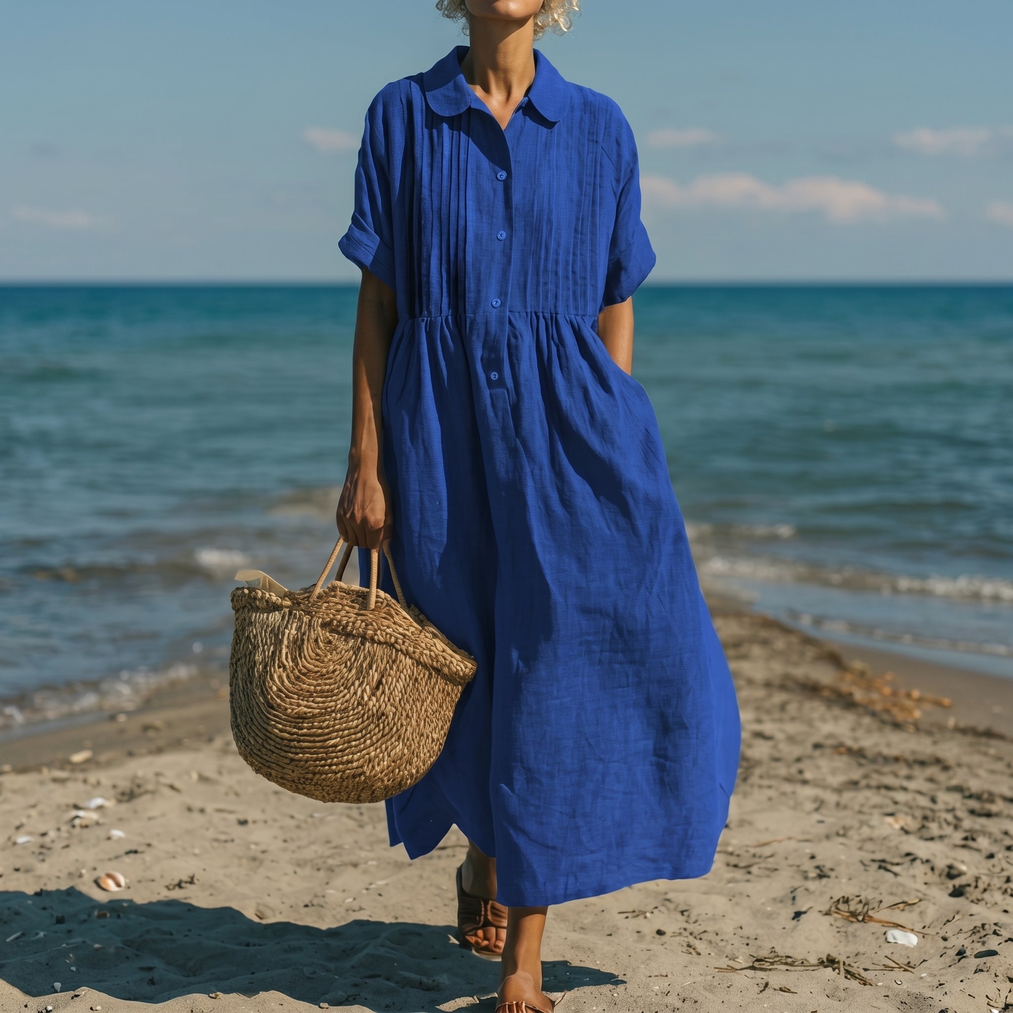 Brigitte - Women's Summer Pintuck Midi Shirt Dress - Dresses - Blue - Taylor & Bennett