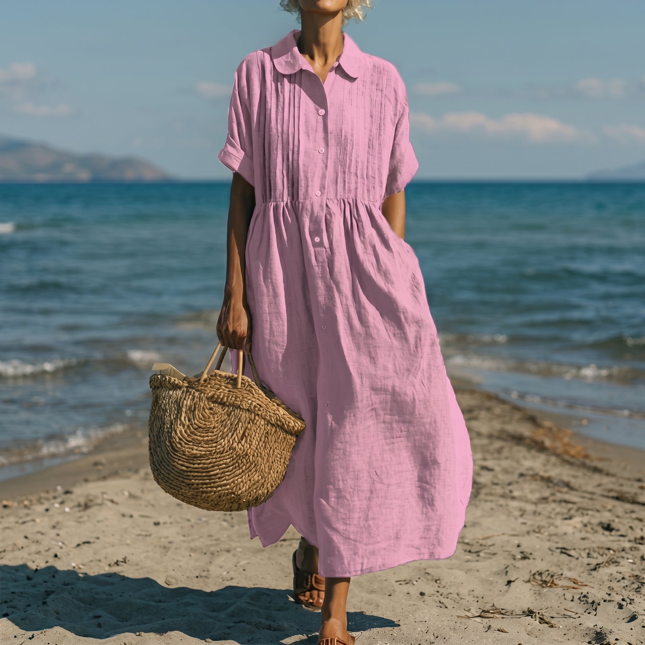 Brigitte - Women's Summer Pintuck Midi Shirt Dress - Dresses - Pink - Taylor & Bennett