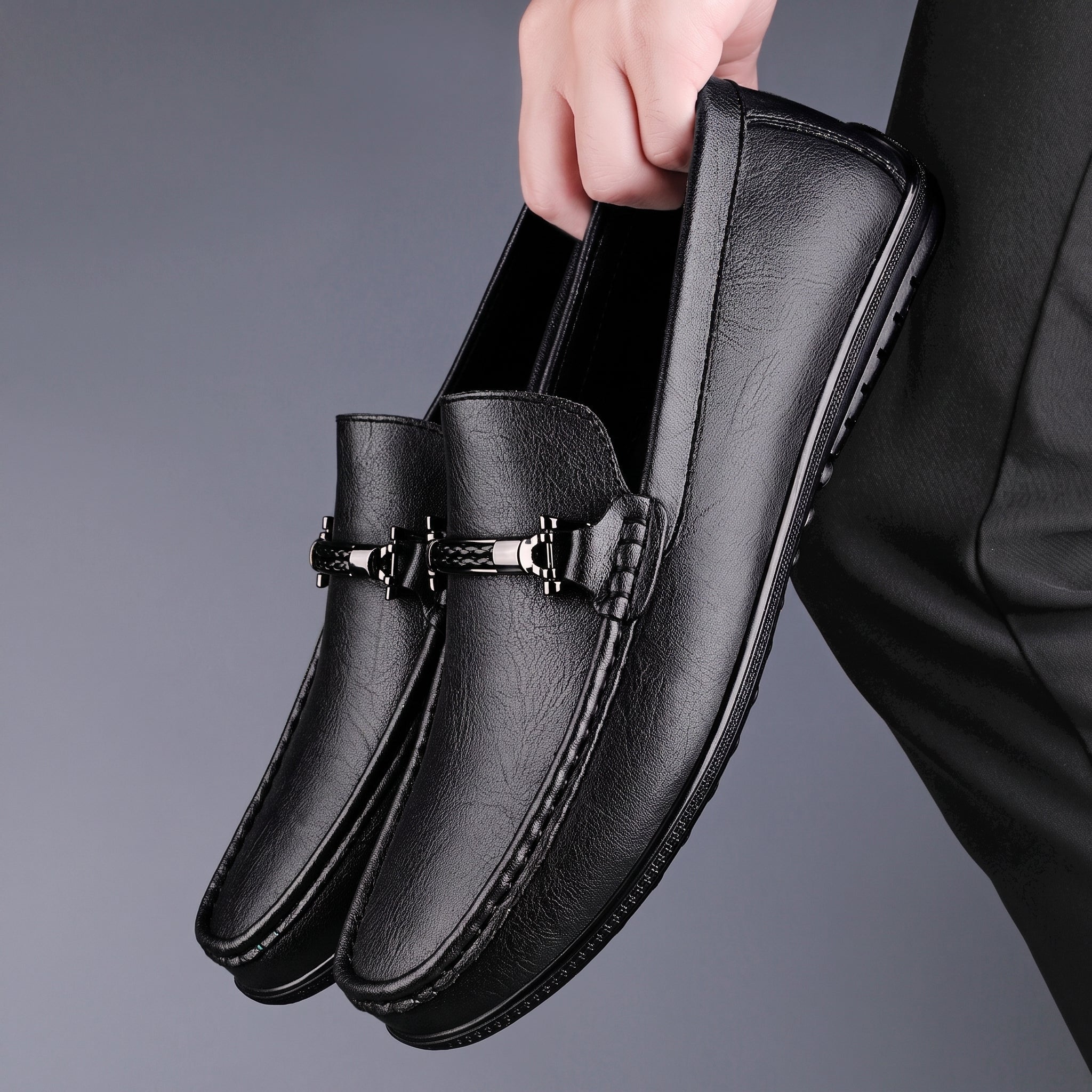 Brooks - Men's Penny Loafers with Metal Bar Detail - Loafer - Black - Taylor & Bennett