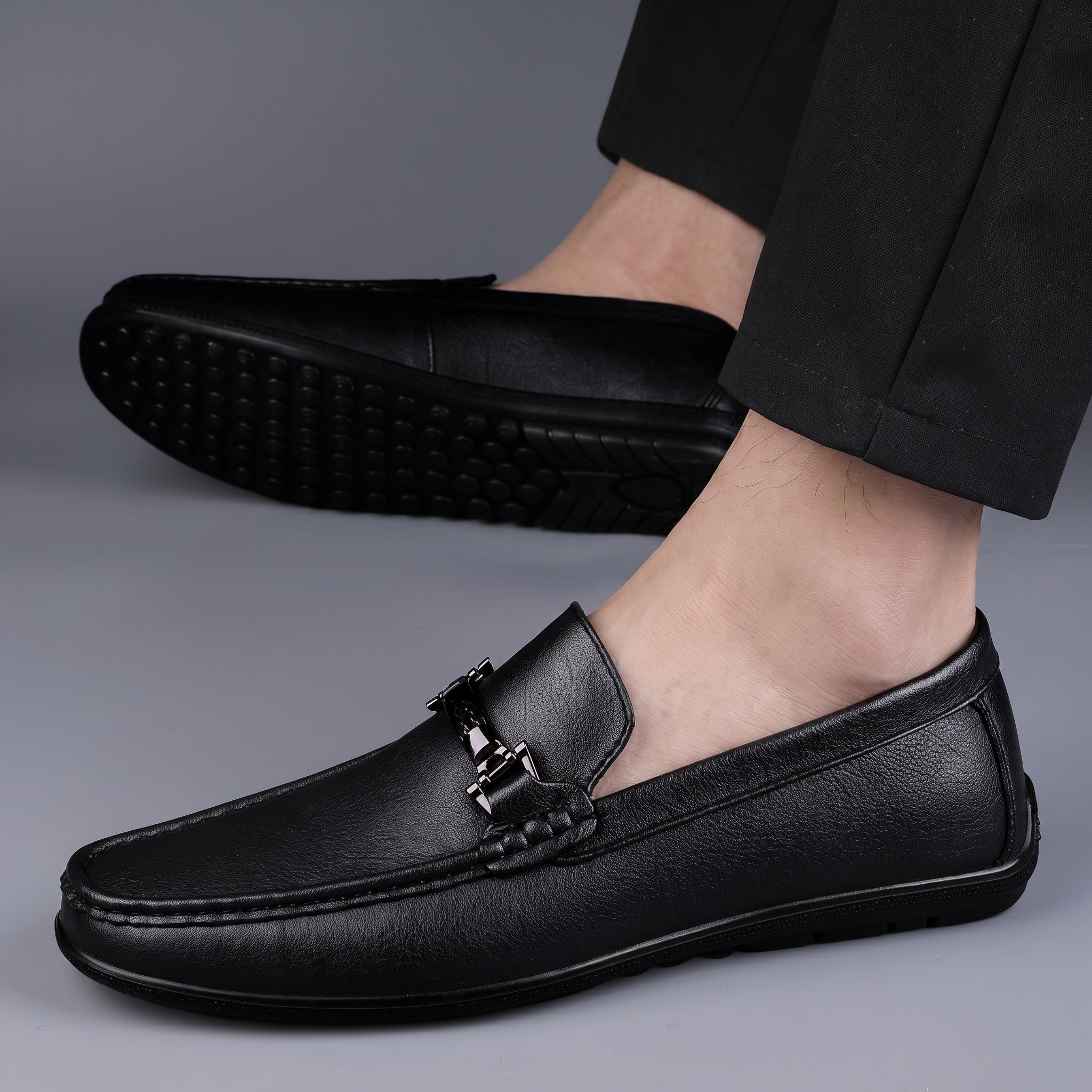 Brooks - Men's Penny Loafers with Metal Bar Detail - Loafer - Black - Taylor & Bennett