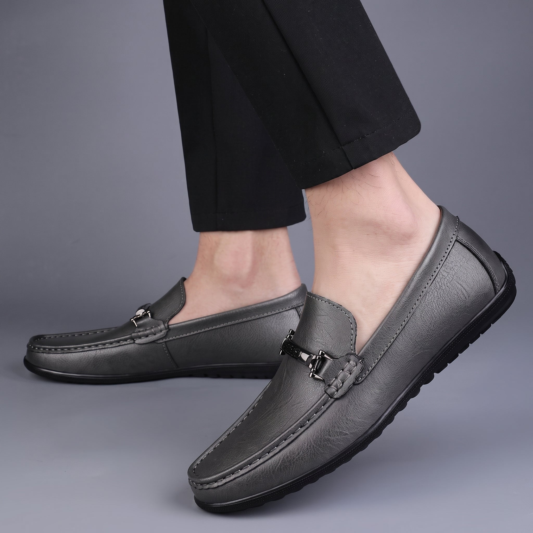 Brooks - Men's Penny Loafers with Metal Bar Detail - Loafer - Grey - Taylor & Bennett
