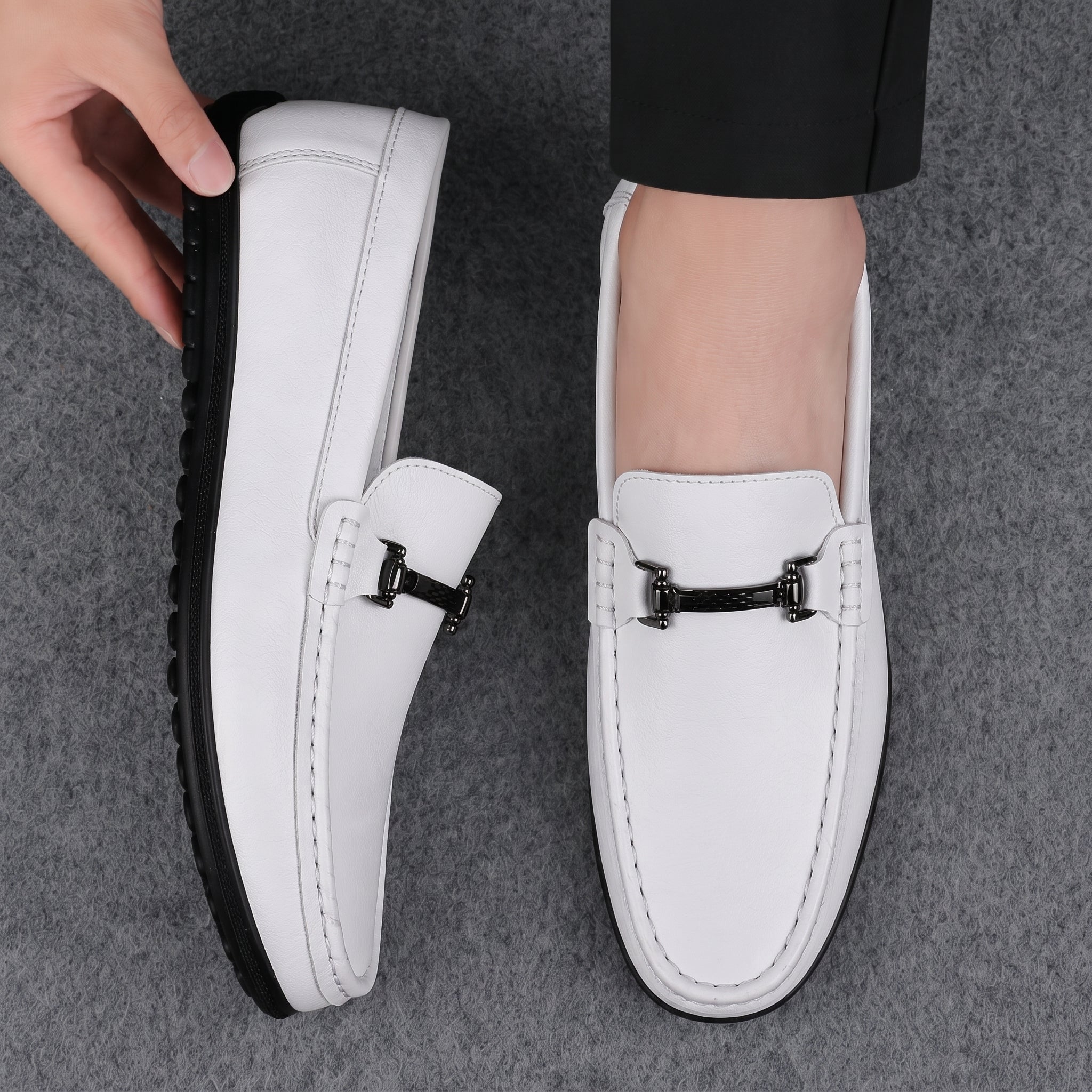 Brooks - Men's Penny Loafers with Metal Bar Detail - Loafer - White - Taylor & Bennett