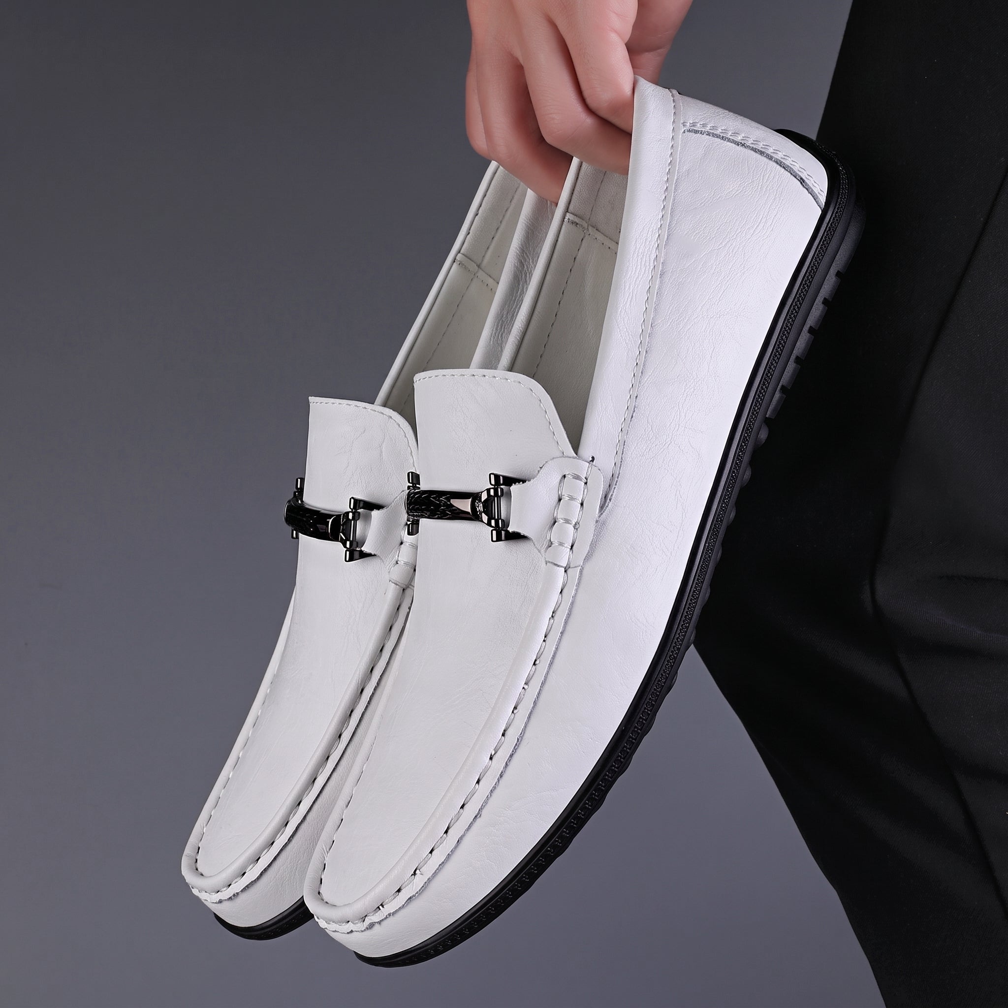 Brooks - Men's Penny Loafers with Metal Bar Detail - Loafer - White - Taylor & Bennett