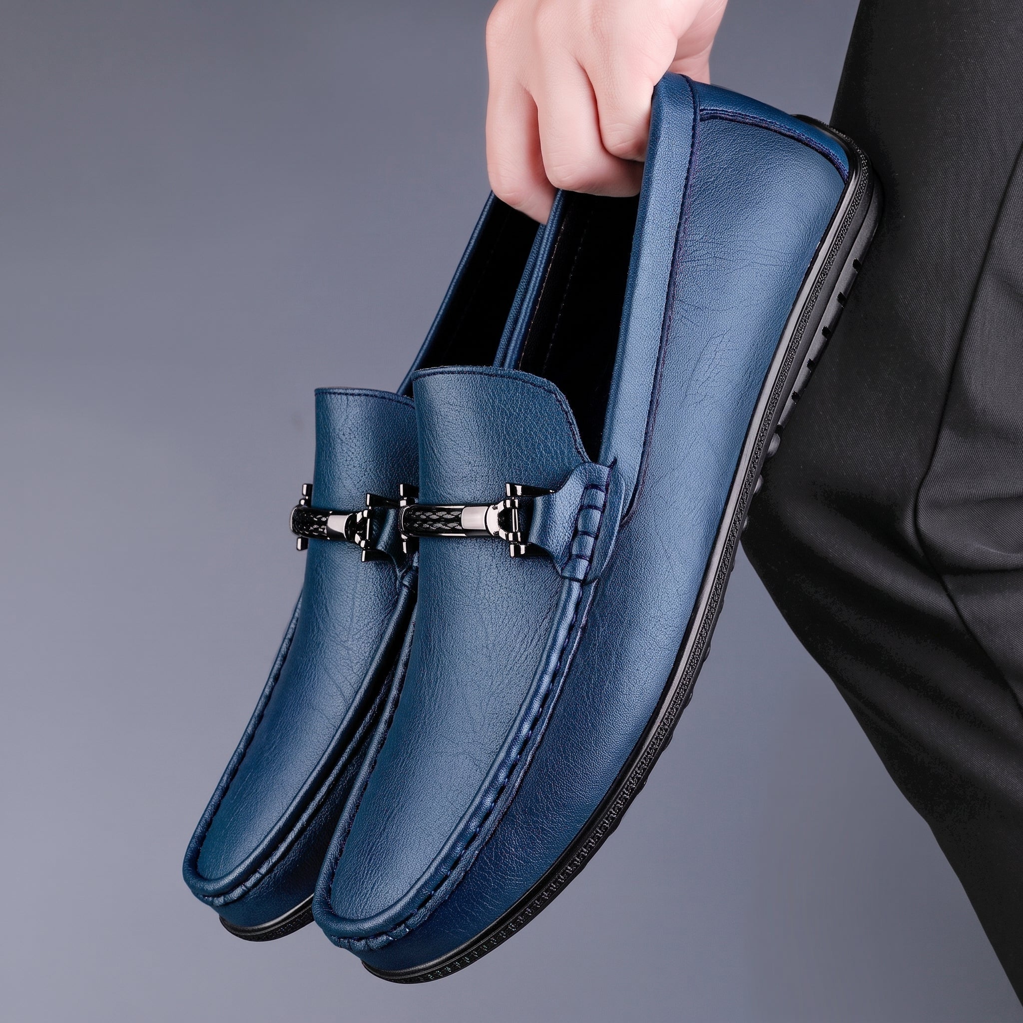 Brooks - Men's Penny Loafers with Metal Bar Detail - Loafer - Blue - Taylor & Bennett