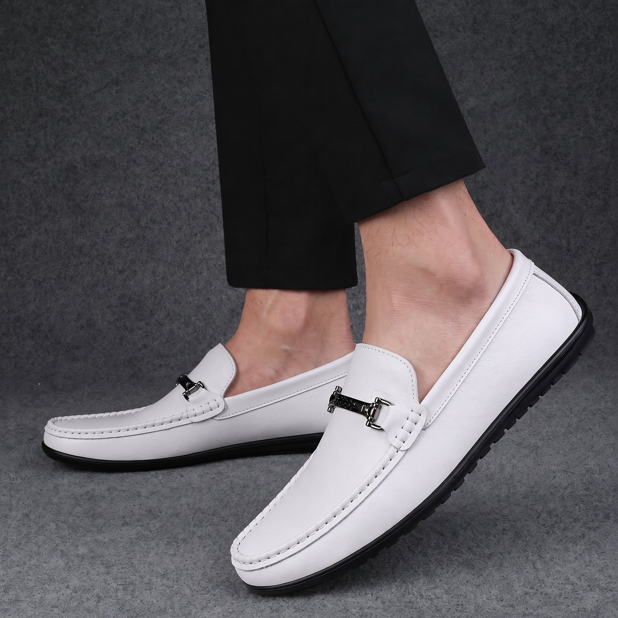 Brooks - Men's Penny Loafers with Metal Bar Detail - Loafer - White - Taylor & Bennett