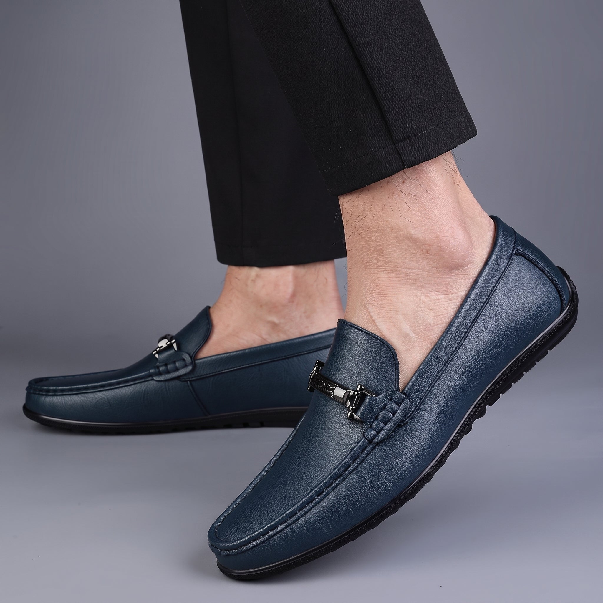 Brooks - Men's Penny Loafers with Metal Bar Detail - Loafer - Blue - Taylor & Bennett