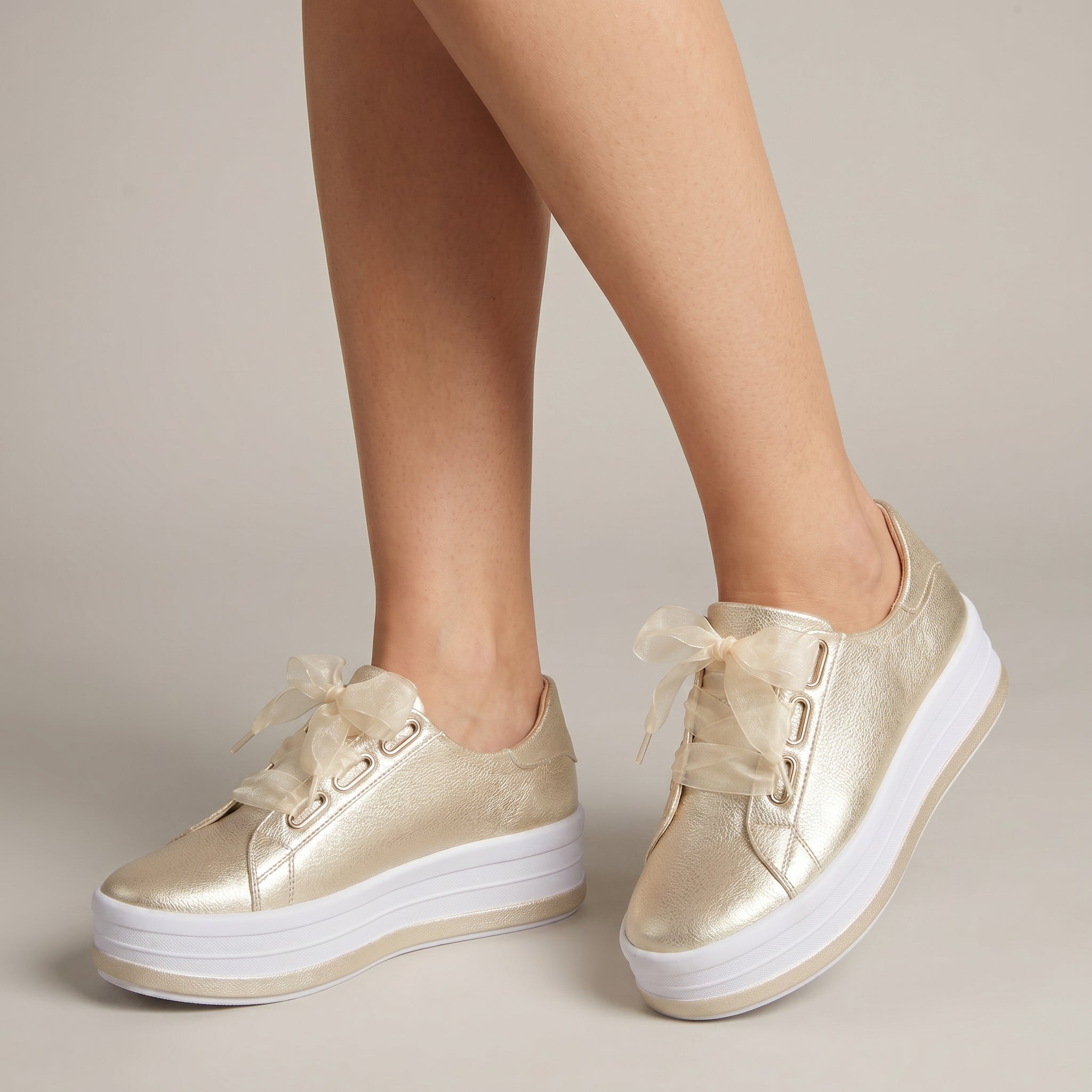 Carina - Women's Lace-Up Ribbon Bow Low-Top Trainers - Trainers - Gold - Taylor & Bennett