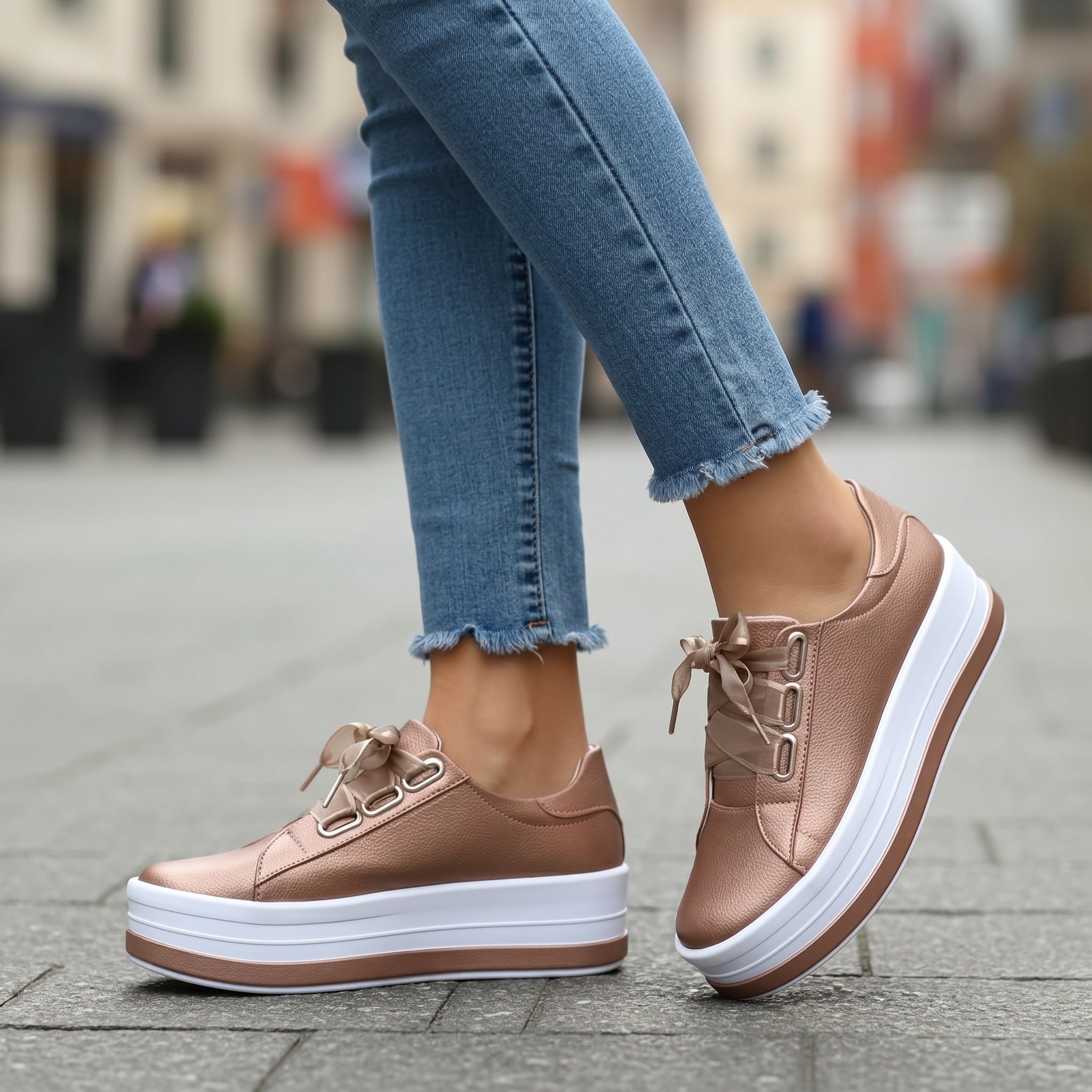 Carina - Women's Lace-Up Ribbon Bow Low-Top Trainers - Trainers - Rose Gold - Taylor & Bennett