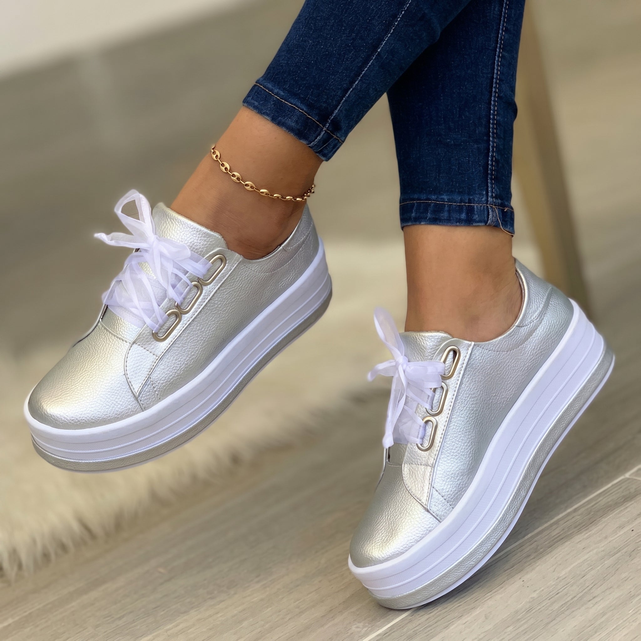 Carina - Women's Lace-Up Ribbon Bow Low-Top Trainers - Trainers - Silver - Taylor & Bennett