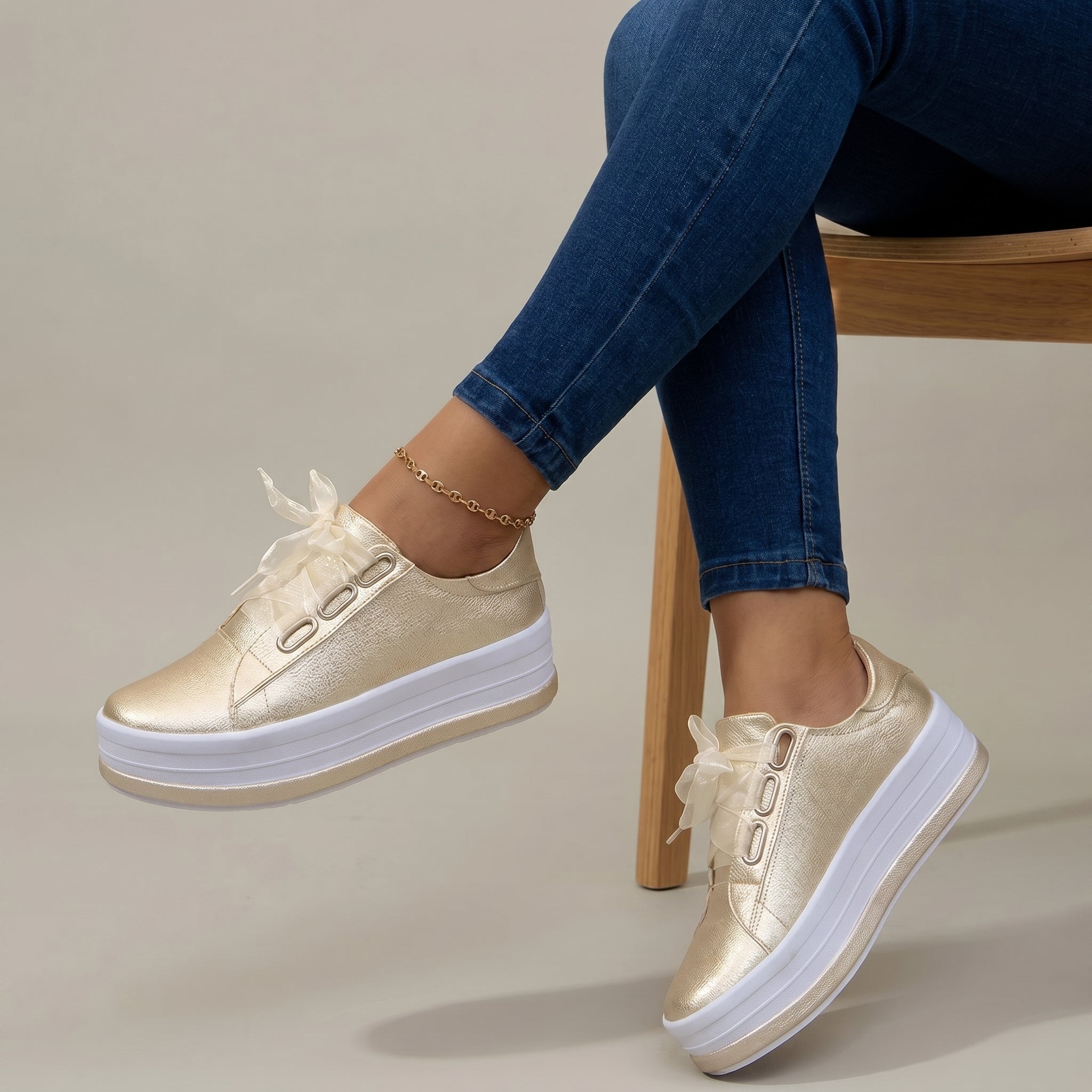 Carina - Women's Lace-Up Ribbon Bow Low-Top Trainers - Trainers - Gold - Taylor & Bennett