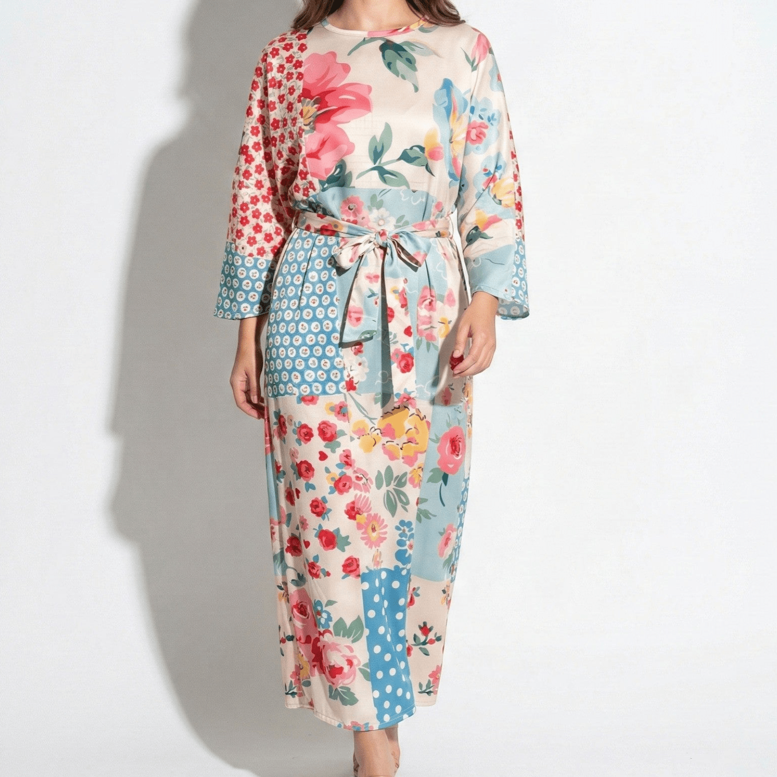 Catherine - Women's Floral Midi Dress with Wide Sleeves - Dress - Light Blue - Taylor & Bennett