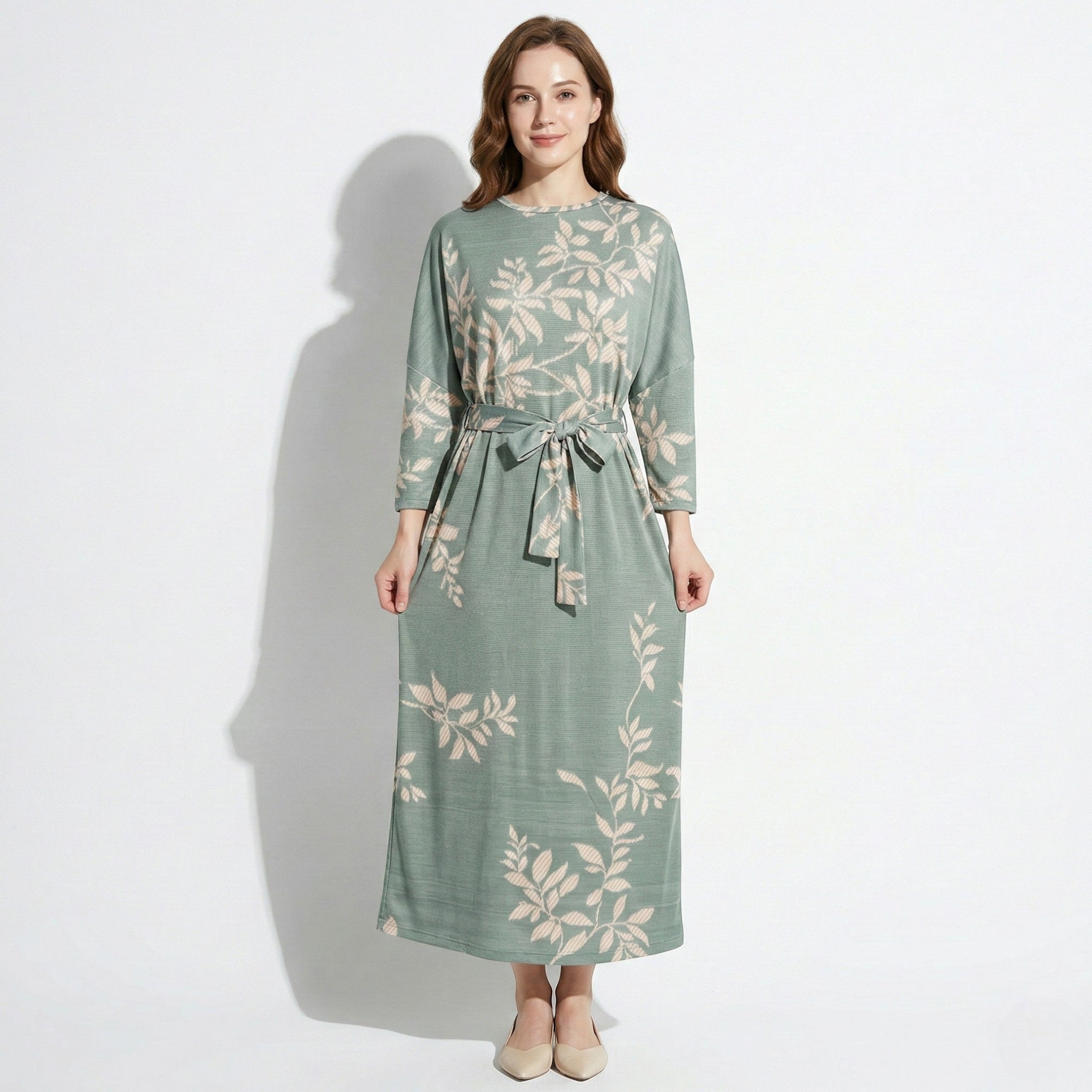 Catherine - Women's Floral Midi Dress with Wide Sleeves - Dress - Green - Taylor & Bennett