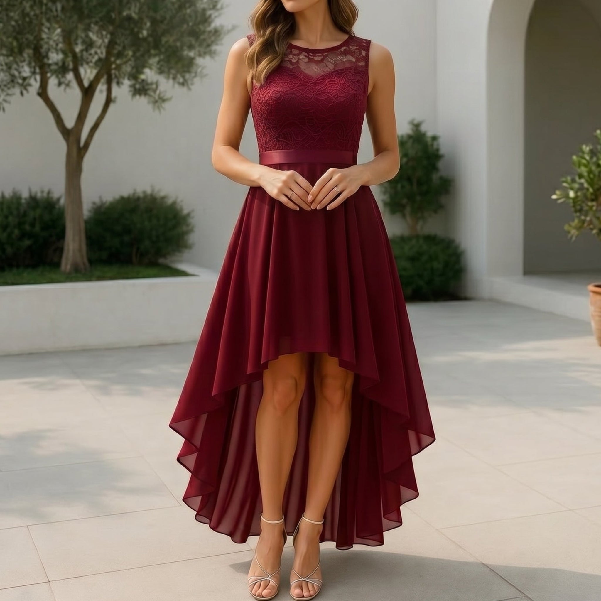 Rosie - Women's Party Lace Bodice Asymmetric Midi Dress