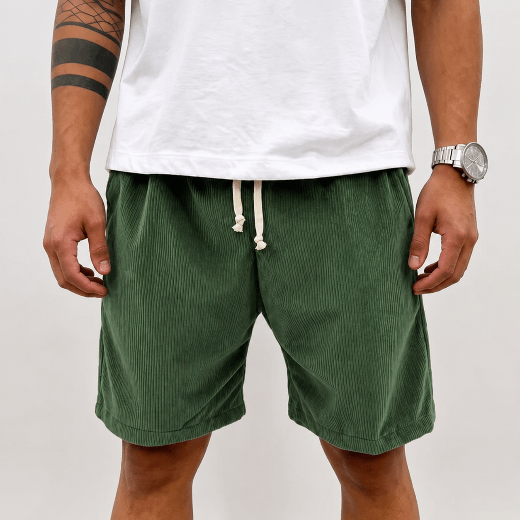 Charlie - Men's Summer Drawstring Waist Corduroy Shorts - Shorts - Green - Taylor & Bennett