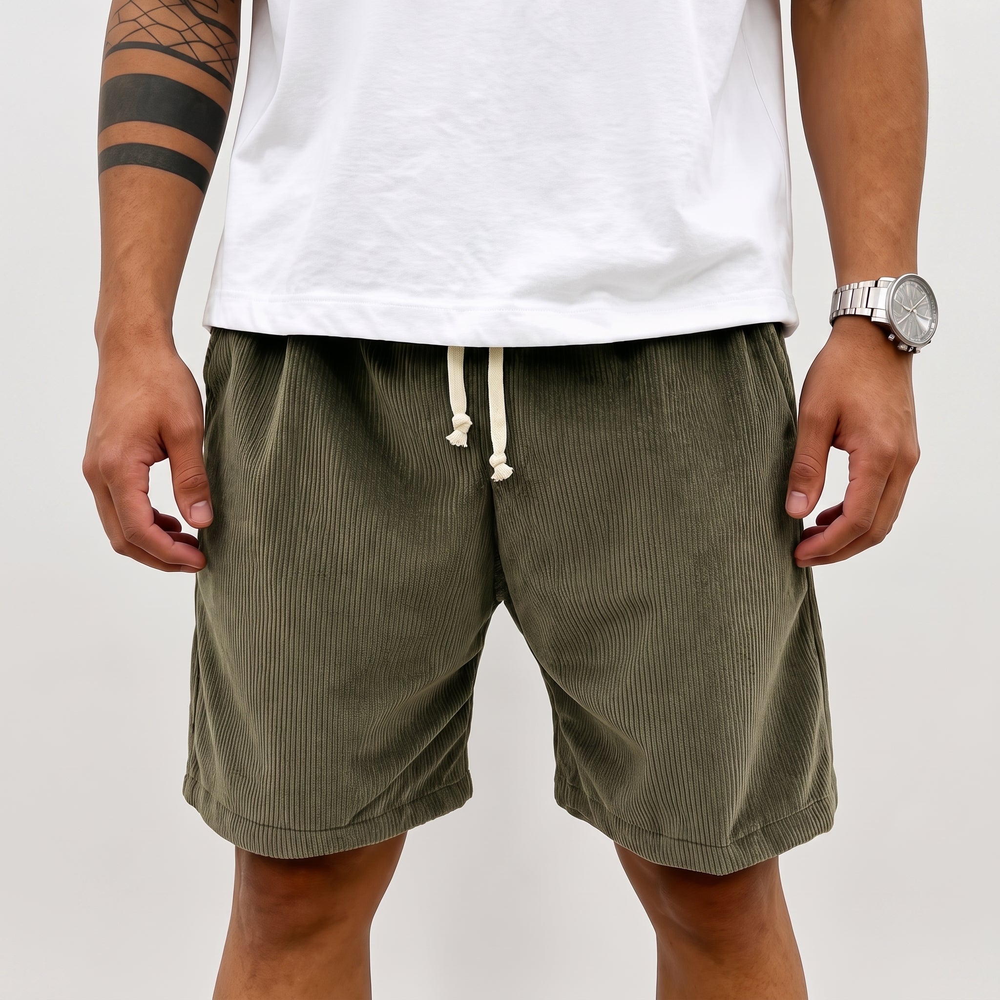 Charlie - Men's Summer Drawstring Waist Corduroy Shorts - Shorts - Olive Green - Taylor & Bennett