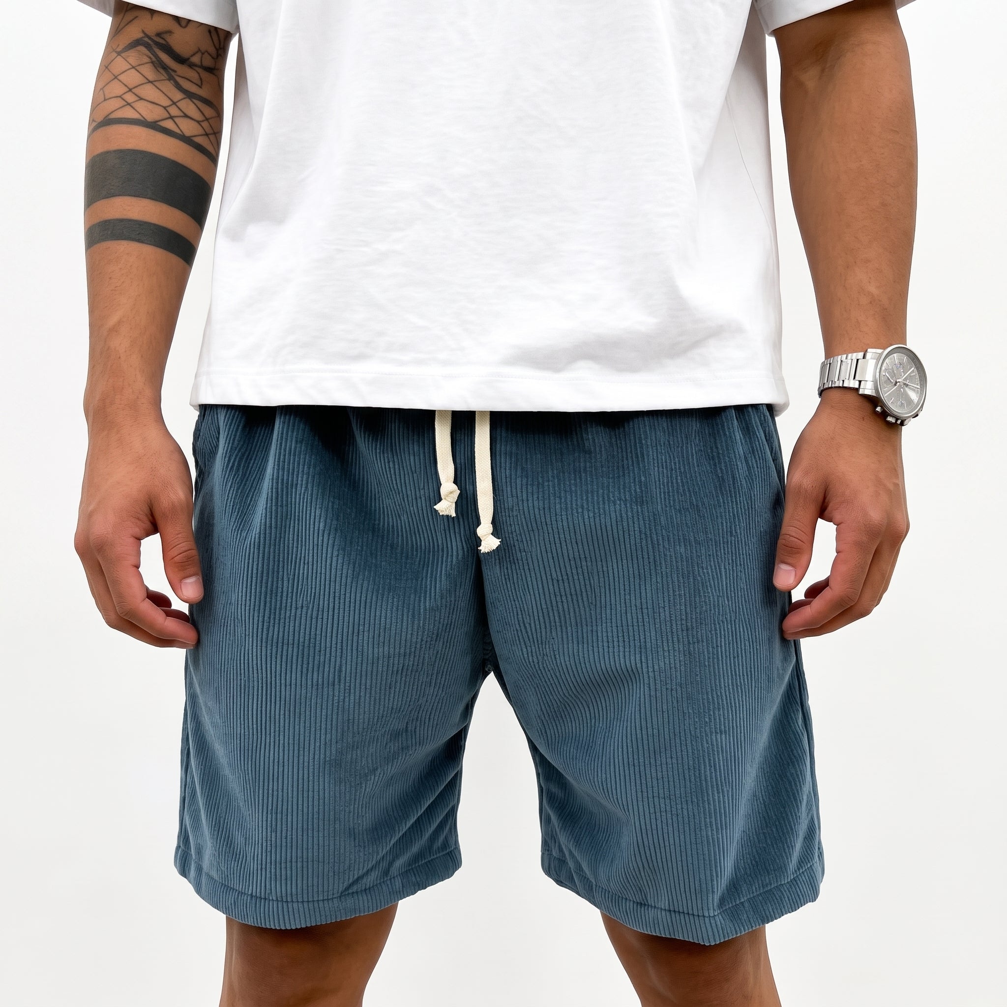 Charlie - Men's Summer Drawstring Waist Corduroy Shorts - Shorts - Navy Blue - Taylor & Bennett