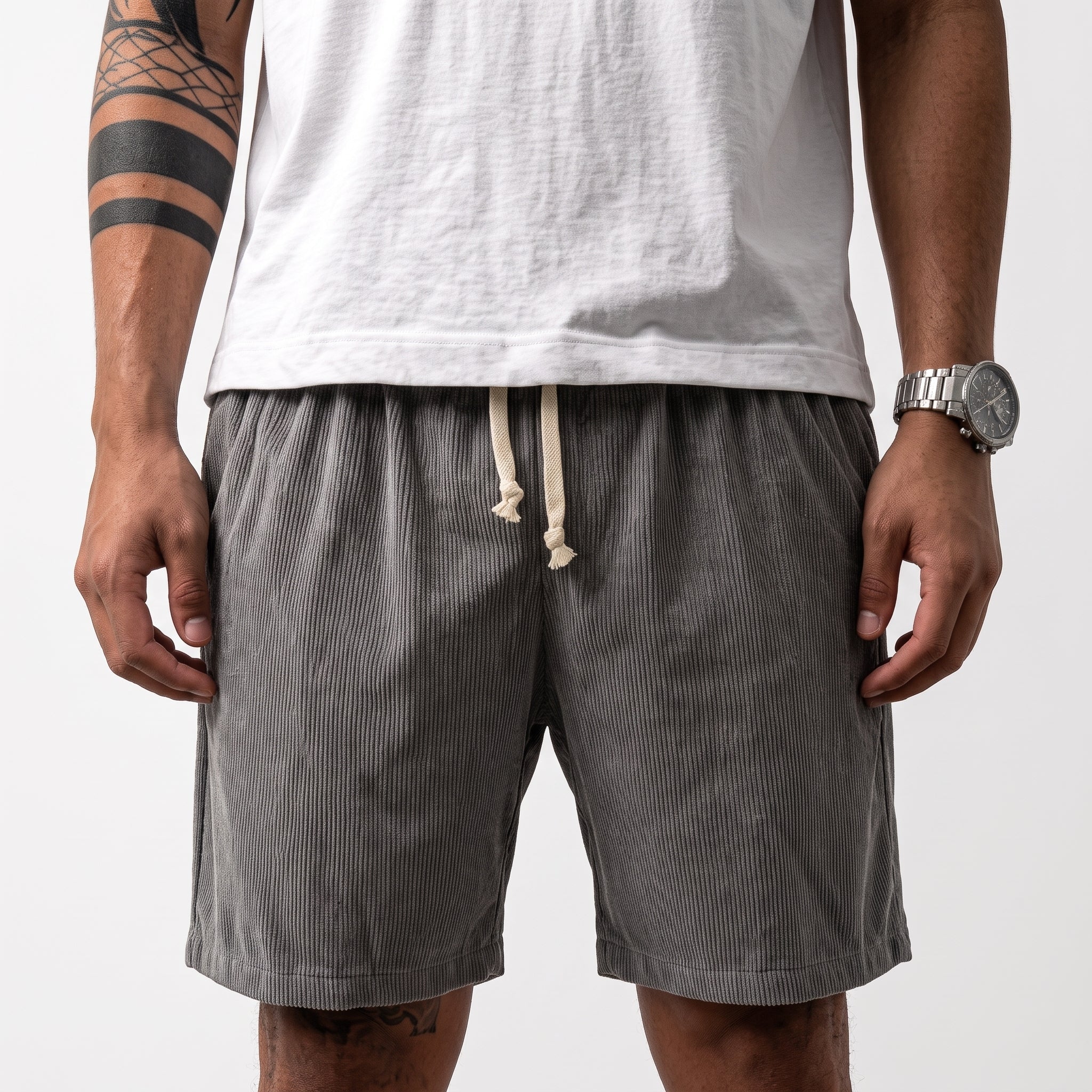 Charlie - Men's Summer Drawstring Waist Corduroy Shorts - Shorts - Grey - Taylor & Bennett