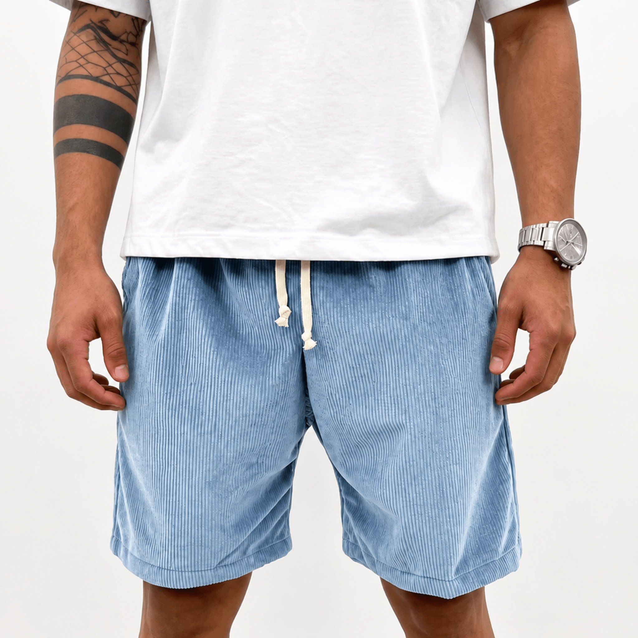 Charlie - Men's Summer Drawstring Waist Corduroy Shorts - Shorts - Light Blue - Taylor & Bennett