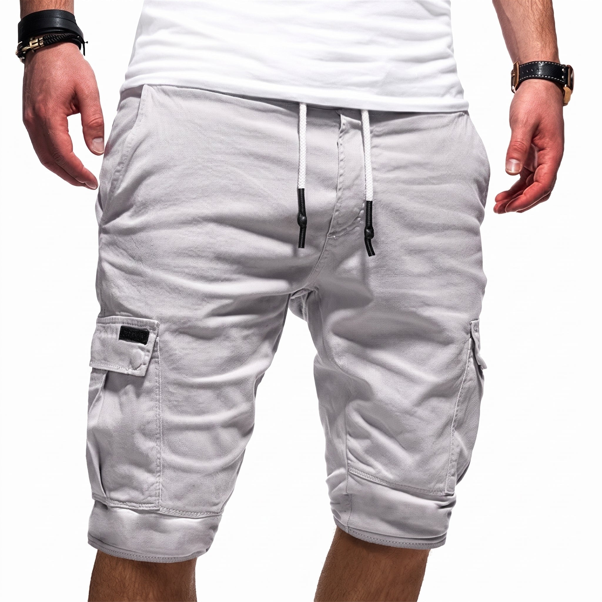 Charlie - Men's Summer Relaxed Fit Drawstring Waist Cargo Shorts - Shorts Men - White - Taylor & Bennett