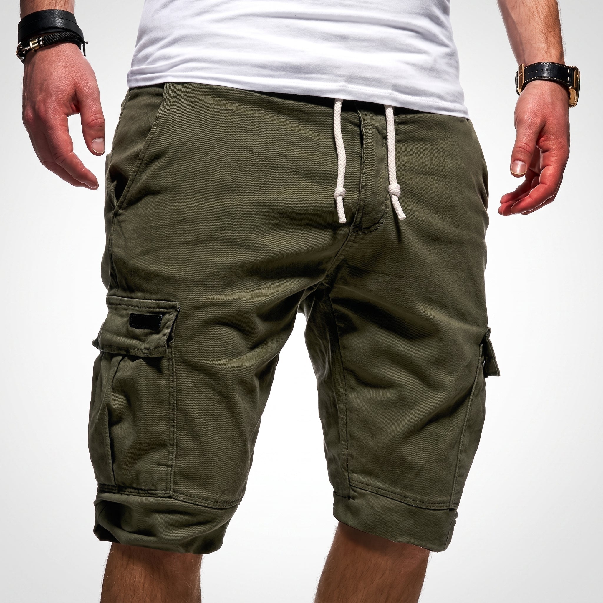 Charlie - Men's Summer Relaxed Fit Drawstring Waist Cargo Shorts - Shorts Men - Dark Green - Taylor & Bennett