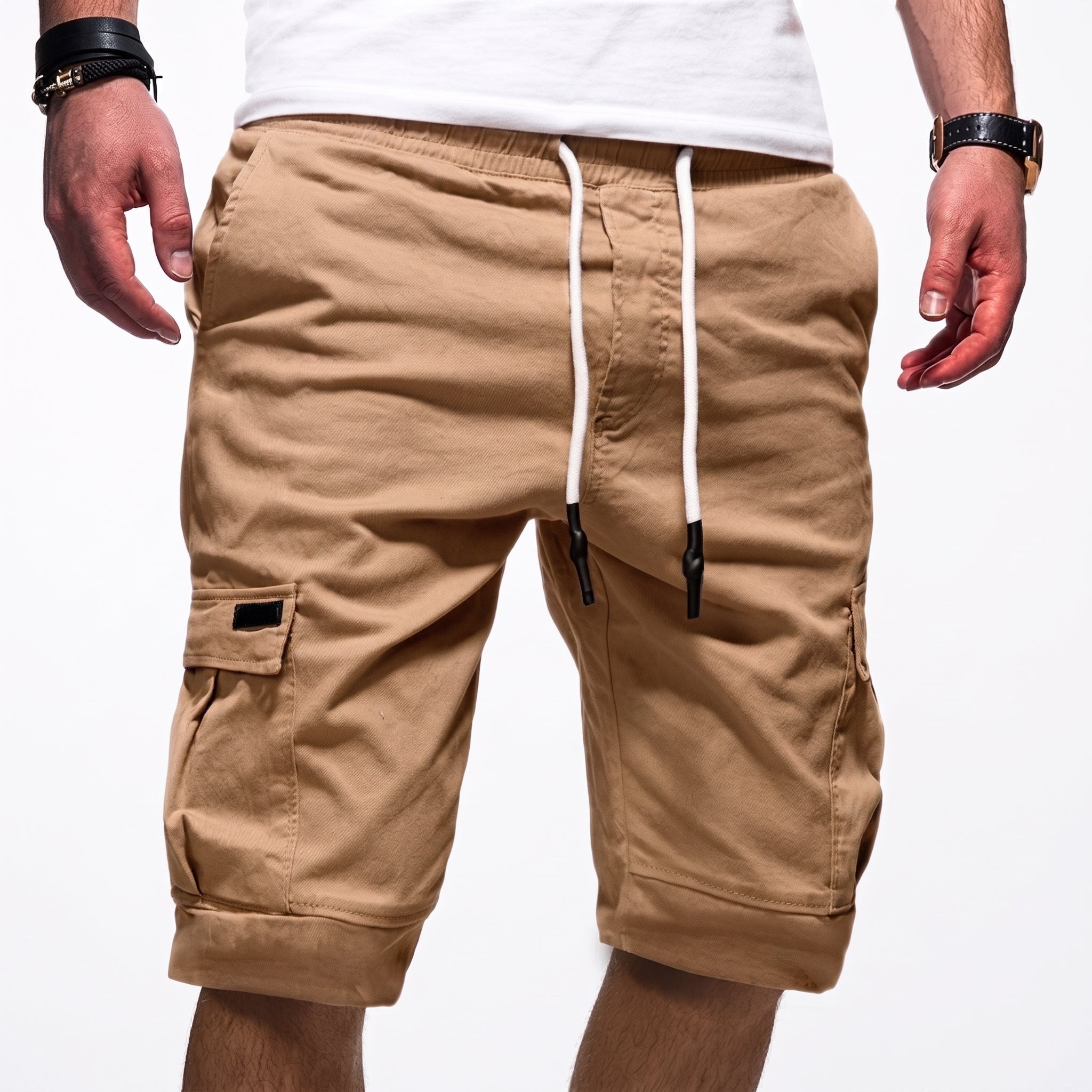 Charlie - Men's Summer Relaxed Fit Drawstring Waist Cargo Shorts - Shorts Men - Beige - Taylor & Bennett
