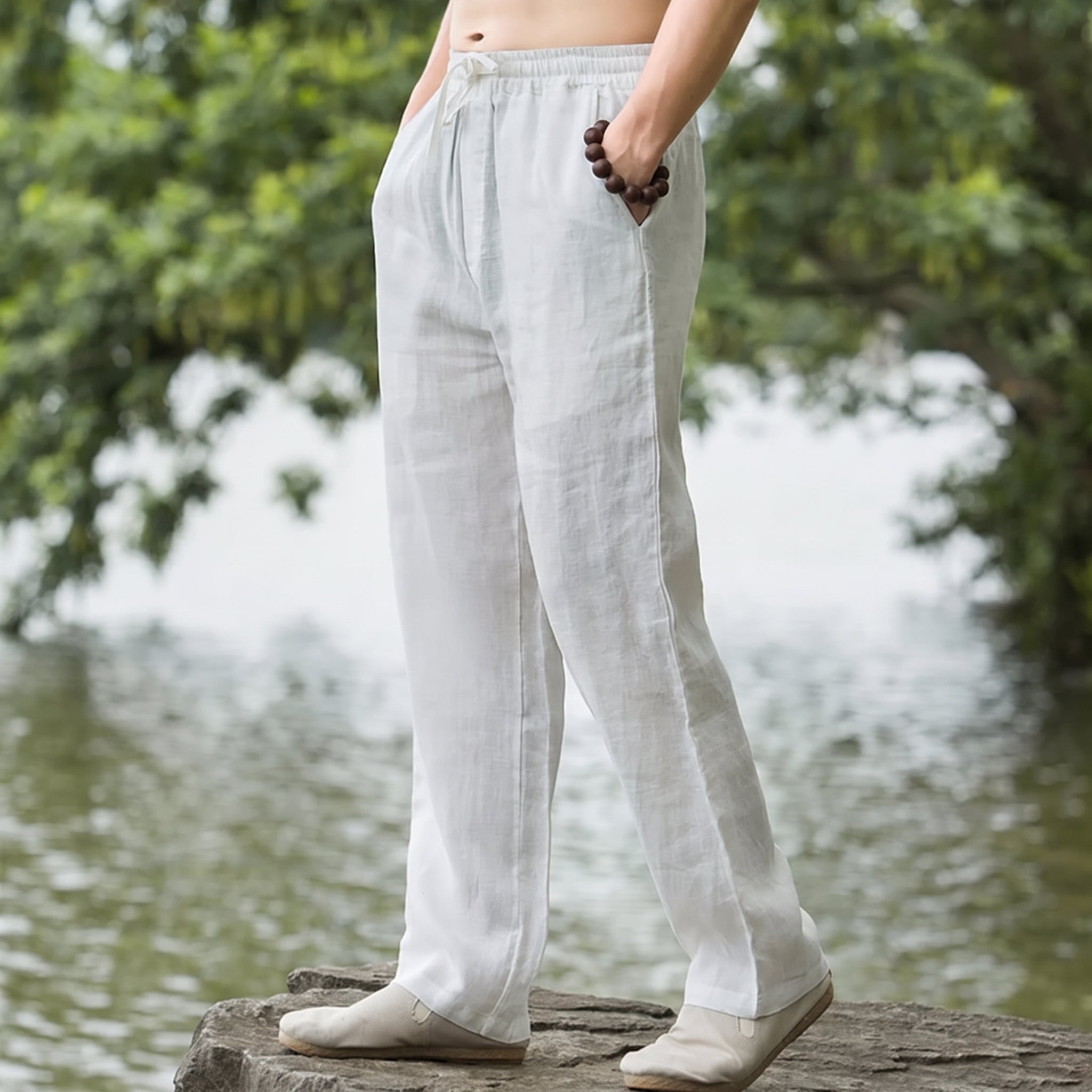 Charlie - Men's Summer Relaxed Straight Leg Drawstring Trousers - Pants & Trousers - White - Taylor & Bennett