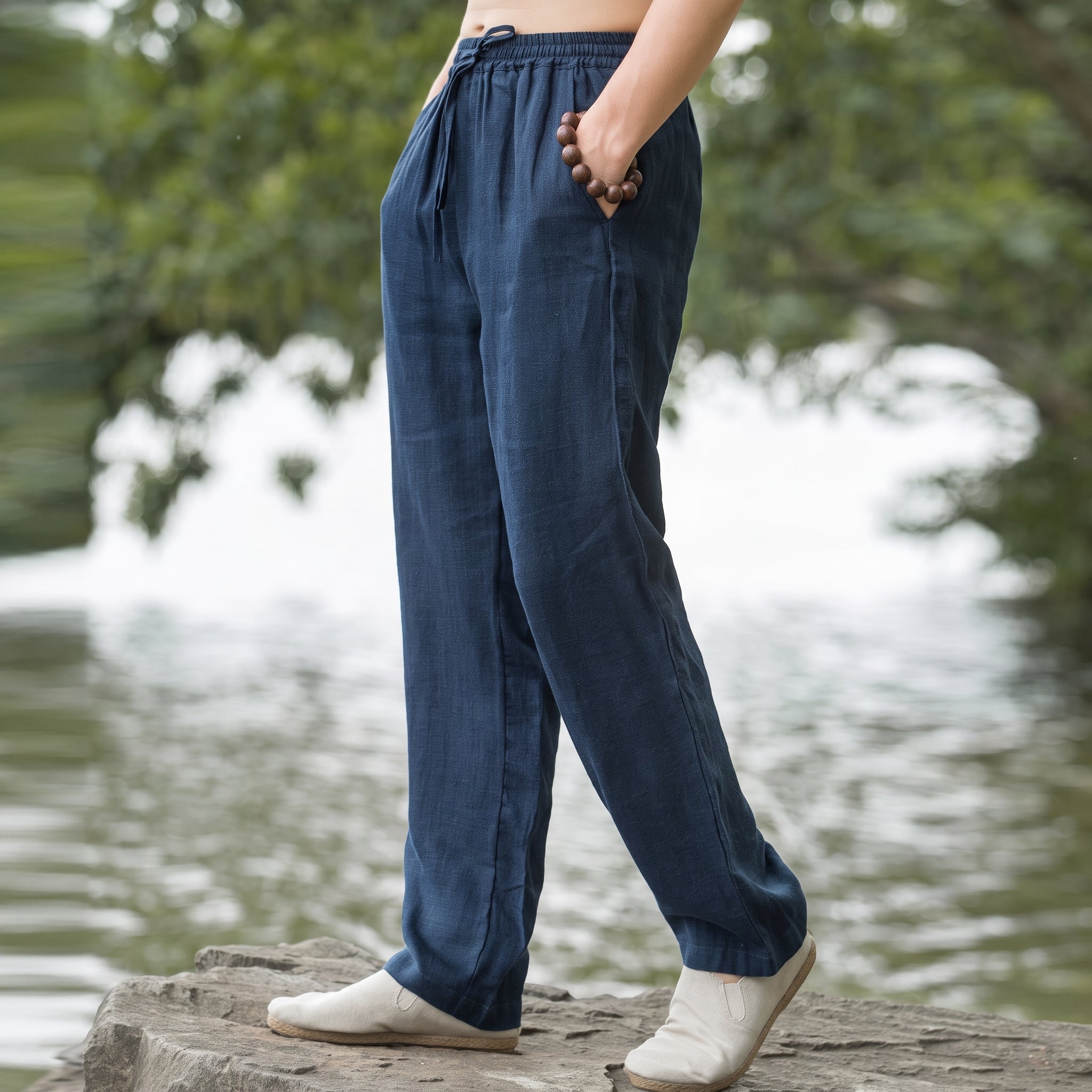 Charlie - Men's Summer Relaxed Straight Leg Drawstring Trousers - Pants & Trousers - Blue - Taylor & Bennett