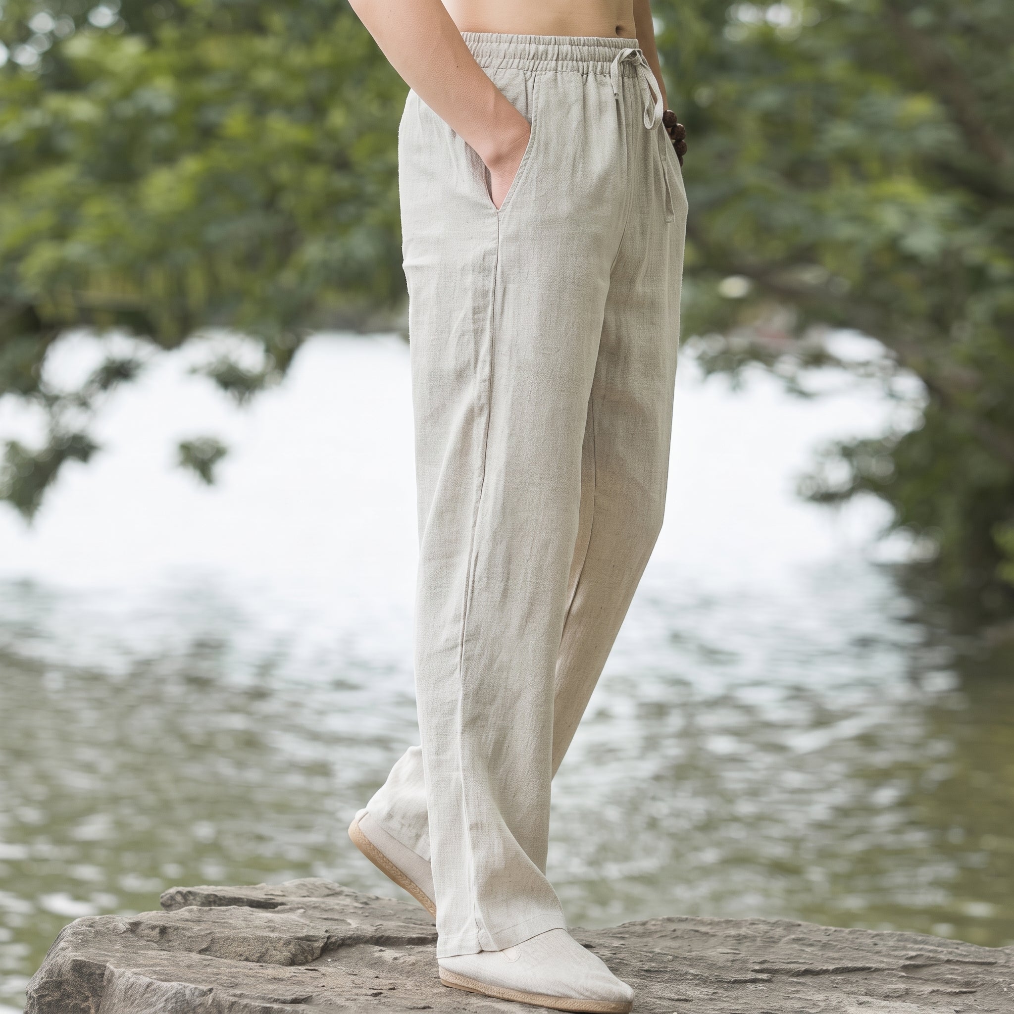 Charlie - Men's Summer Relaxed Straight Leg Drawstring Trousers - Pants & Trousers - Beige - Taylor & Bennett