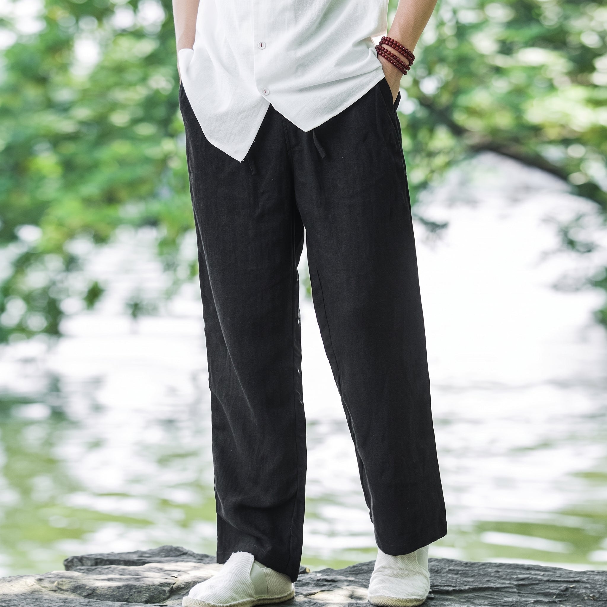 Charlie - Men's Summer Relaxed Straight Leg Drawstring Trousers - Pants & Trousers - Black - Taylor & Bennett