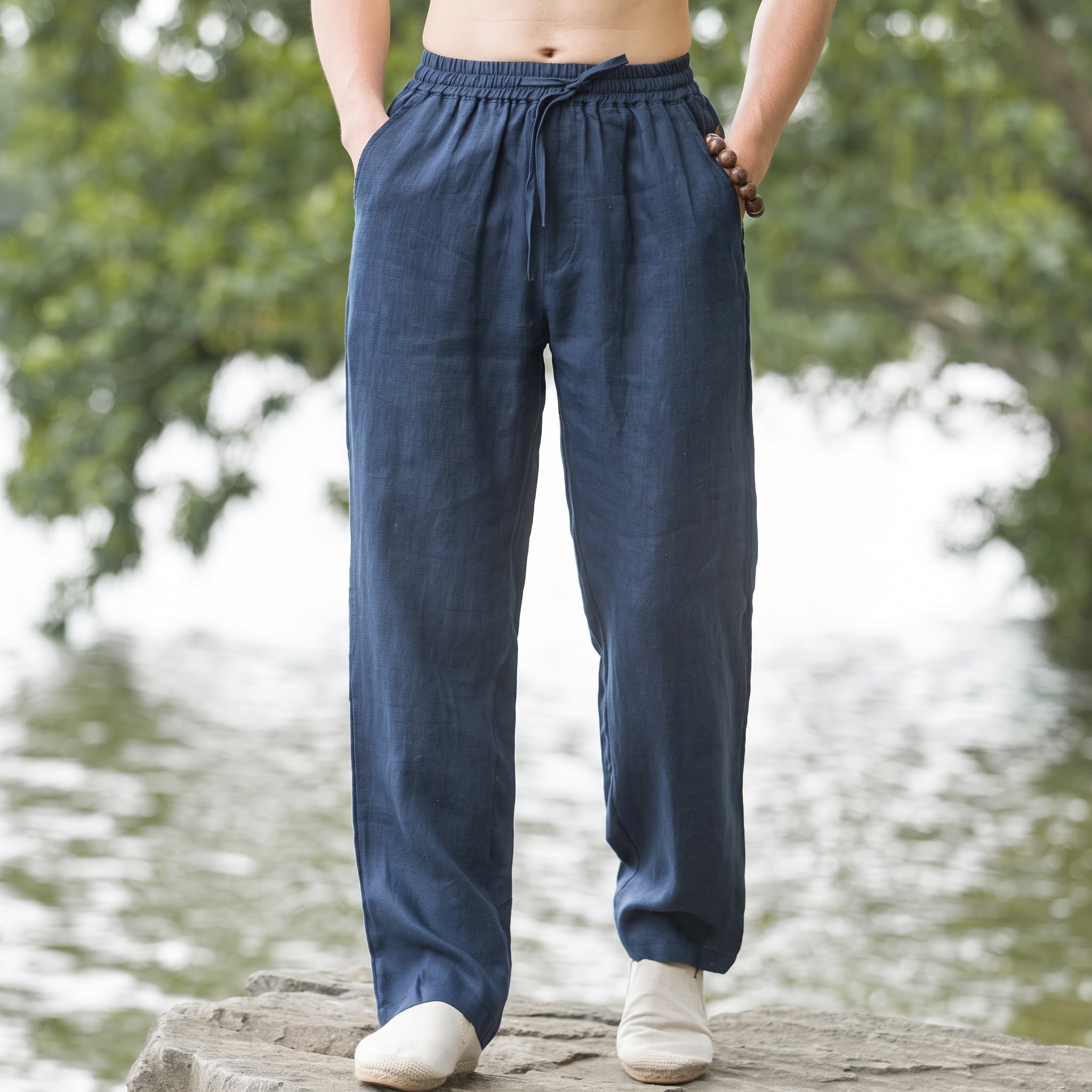 Charlie - Men's Summer Relaxed Straight Leg Drawstring Trousers - Pants & Trousers - Blue - Taylor & Bennett