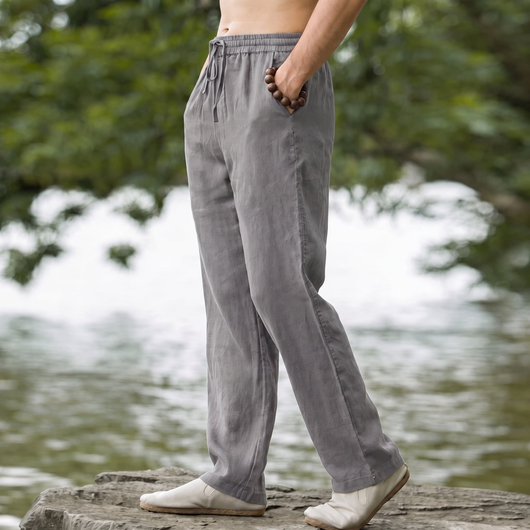 Charlie - Men's Summer Relaxed Straight Leg Drawstring Trousers - Pants & Trousers - Grey - Taylor & Bennett