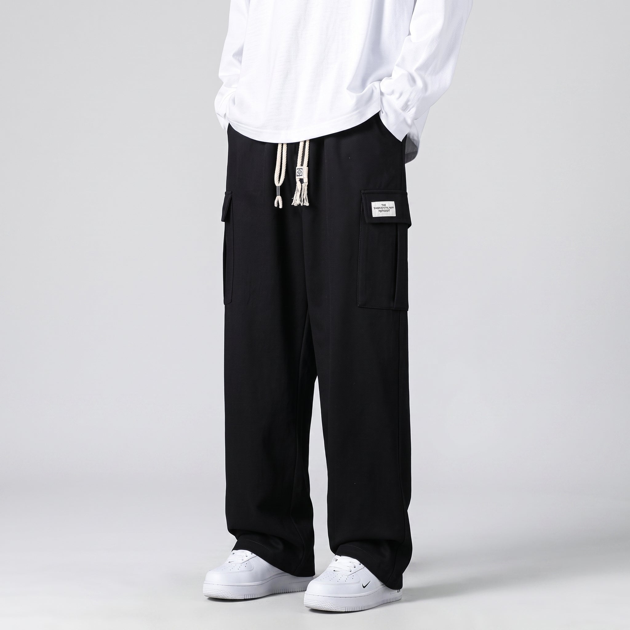 Charlie - Men's Wide-Leg Cargo Jogger Trousers with Drawstring Waist - Joggers - Black - Taylor & Bennett