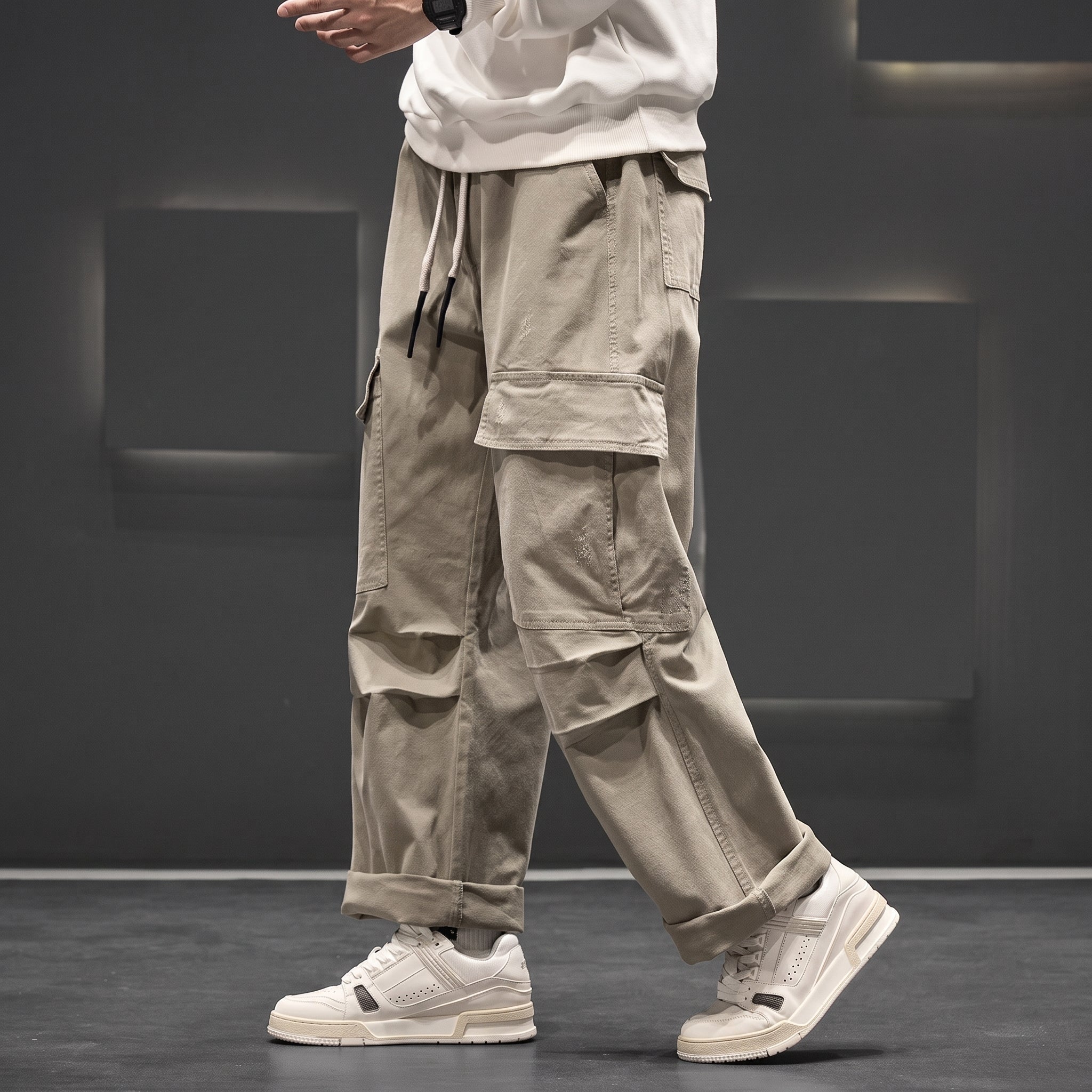 Charlie - Men's Wide-Leg Cargo Trousers with Drawstring Waist - Cargo Pants - Khaki - Taylor & Bennett