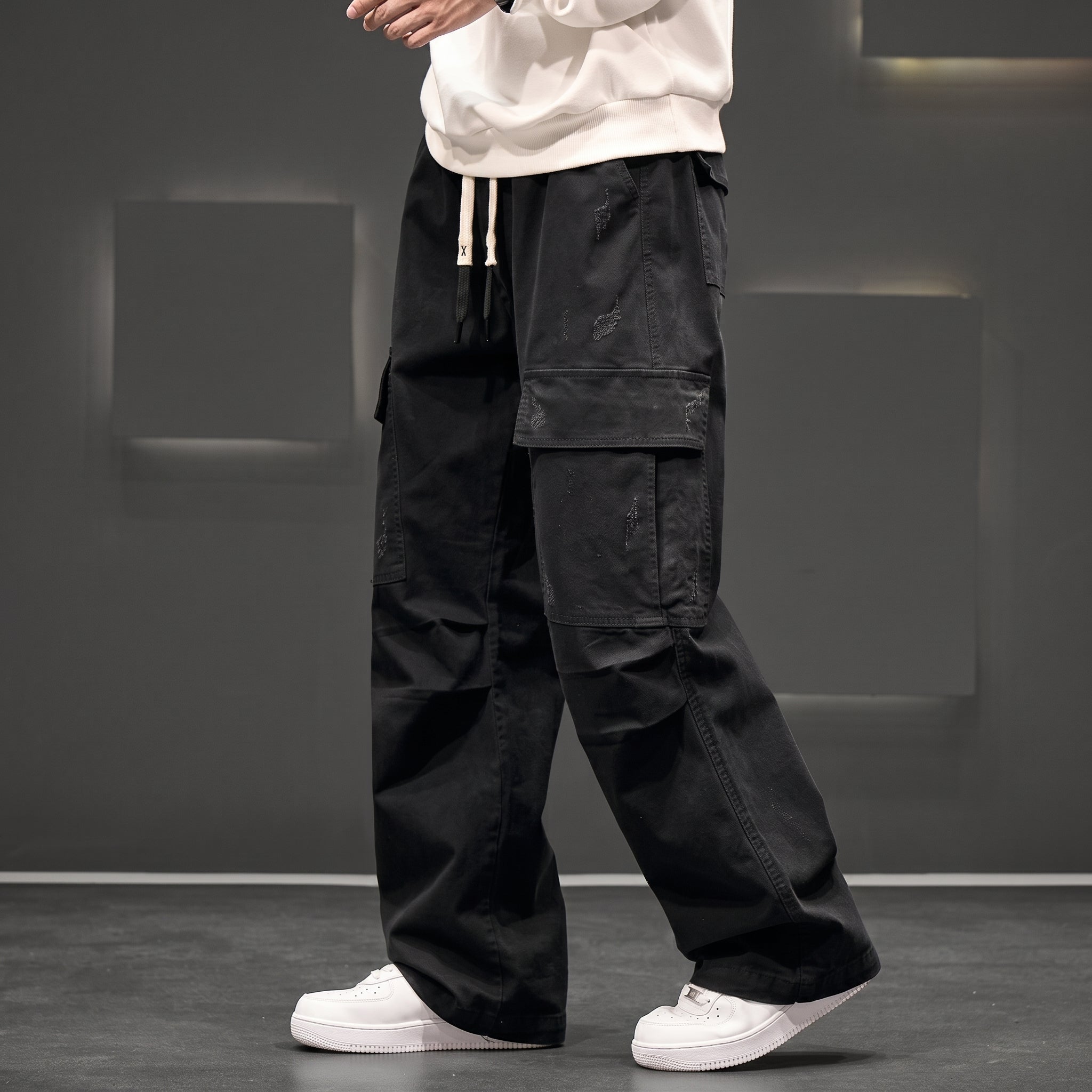 Charlie - Men's Wide-Leg Cargo Trousers with Drawstring Waist - Cargo Pants - Black - Taylor & Bennett