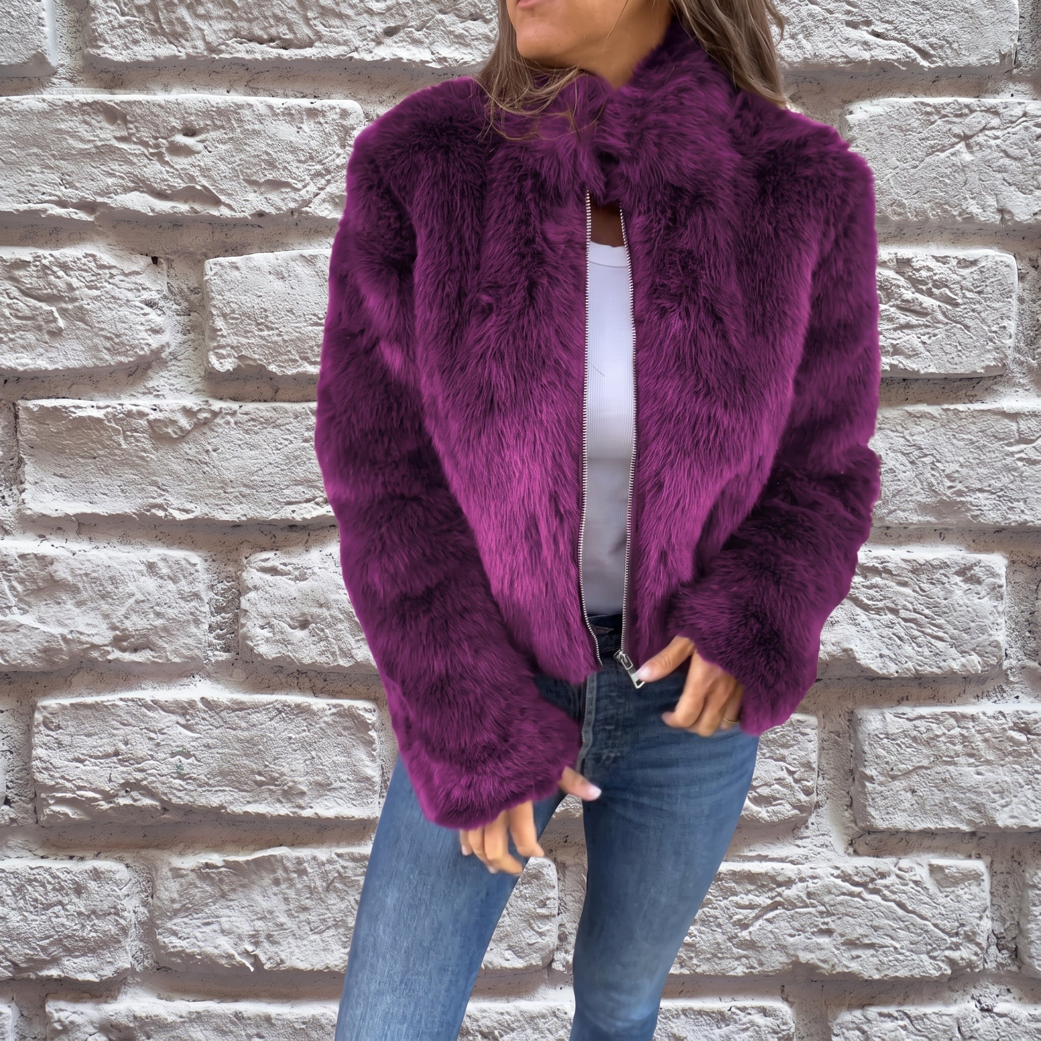 Charlotte - Women's Cropped Fluffy Jacket with Stand Collar - Wrap Coat - Purple - Taylor & Bennett