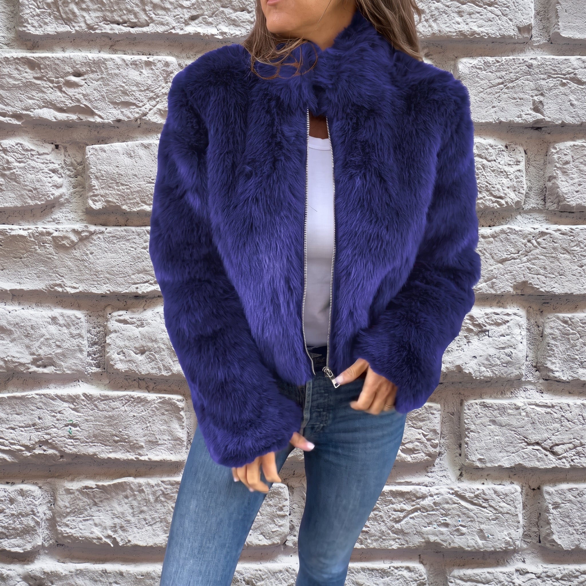 Charlotte - Women's Cropped Fluffy Jacket with Stand Collar - Wrap Coat - Blue - Taylor & Bennett