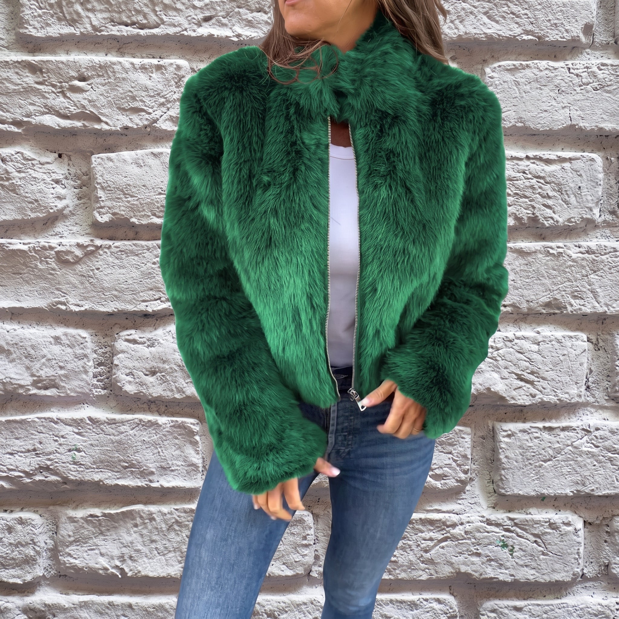 Charlotte - Women's Cropped Fluffy Jacket with Stand Collar - Wrap Coat - Green - Taylor & Bennett