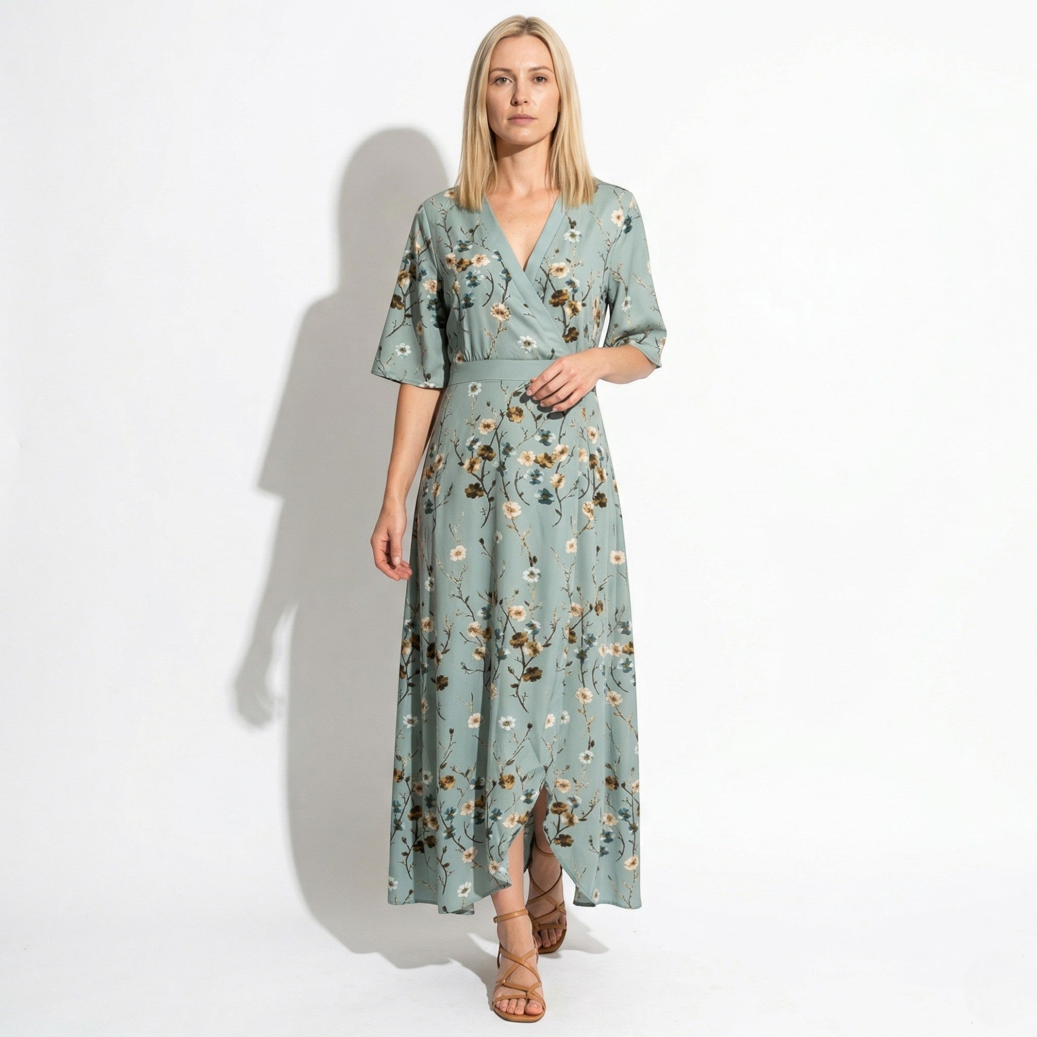 Charlotte - Women's Floral Print V - Neck Wrap Maxi Dress - Maxi Dress - Green - Taylor & Bennett