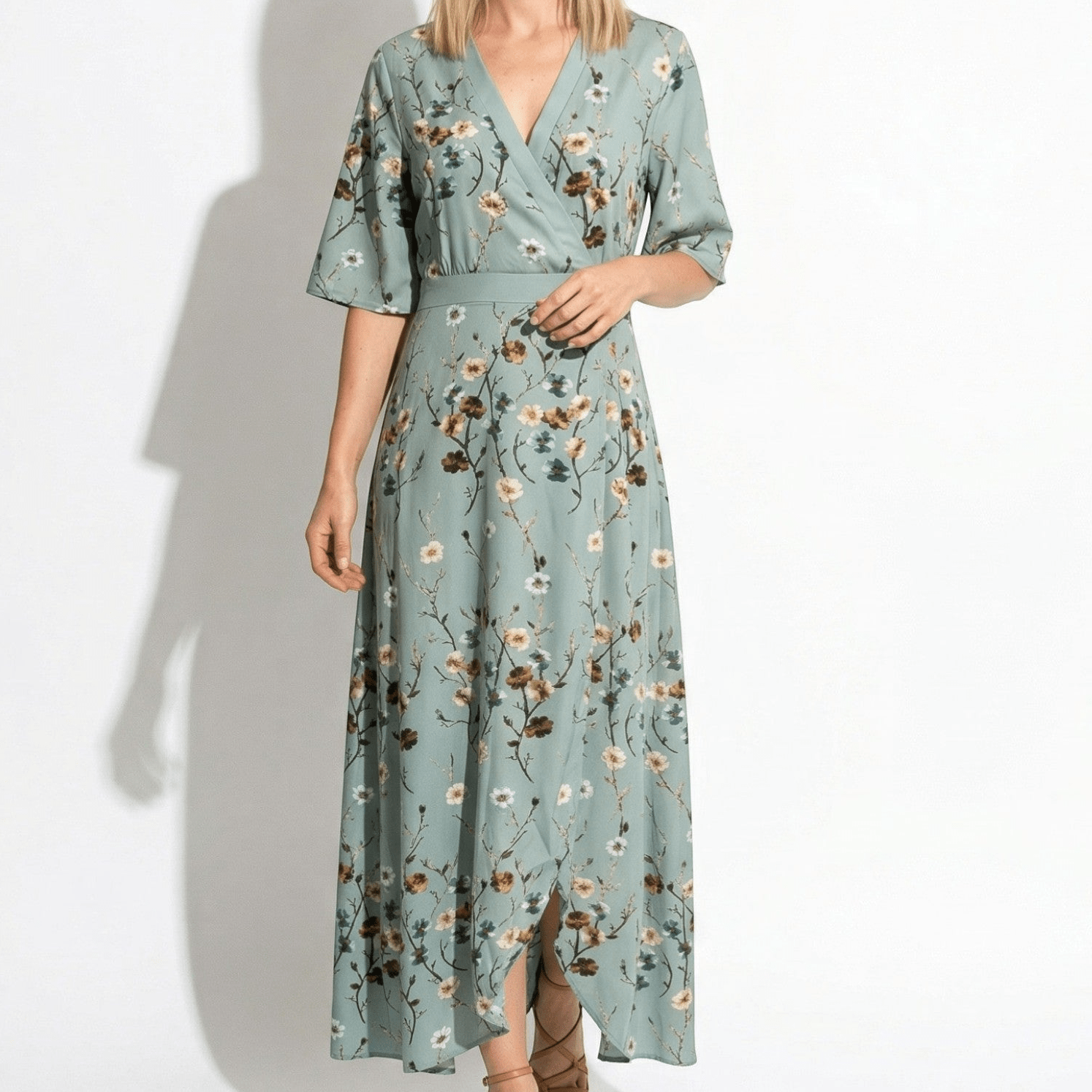 Charlotte - Women's Floral Print V - Neck Wrap Maxi Dress - Maxi Dress - Green - Taylor & Bennett