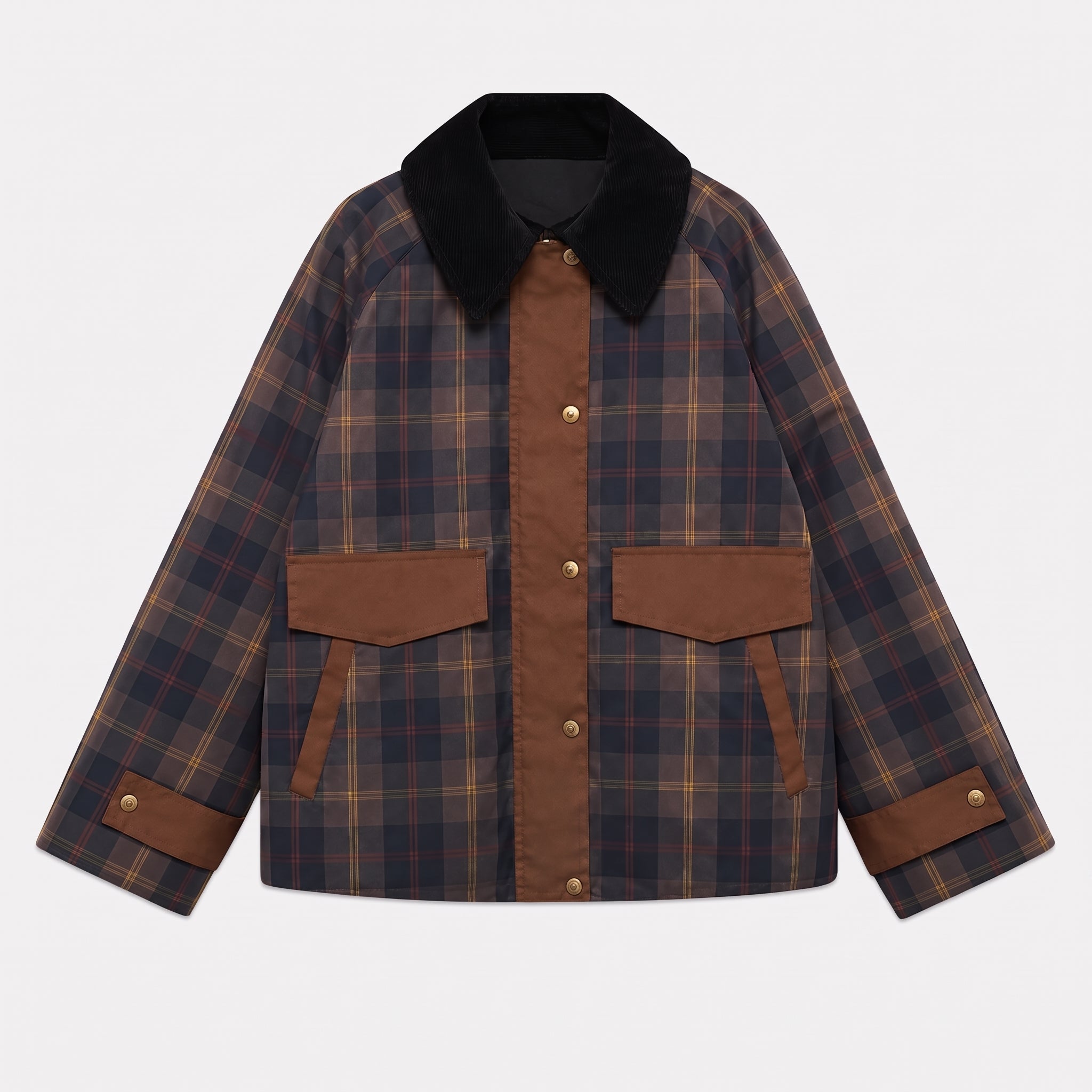 Charlotte - Women's Oversized Plaid Transitional Jacket with Contrast Collar - Wrap Coat - Brown - Taylor & Bennett