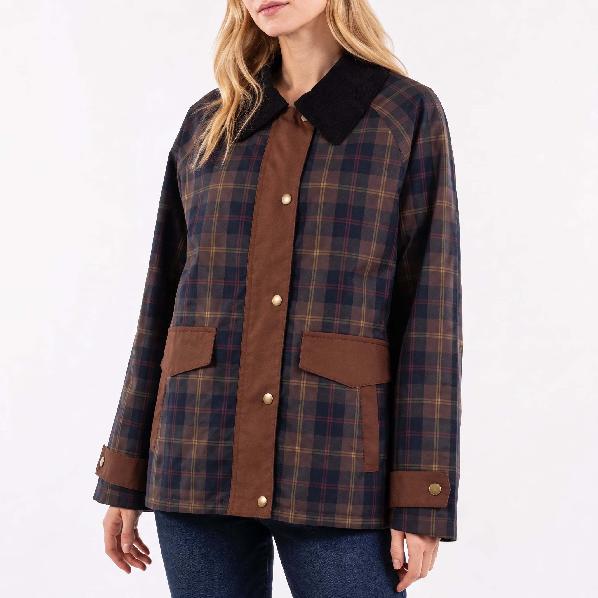 Charlotte - Women's Oversized Plaid Transitional Jacket with Contrast Collar - Wrap Coat - Brown - Taylor & Bennett
