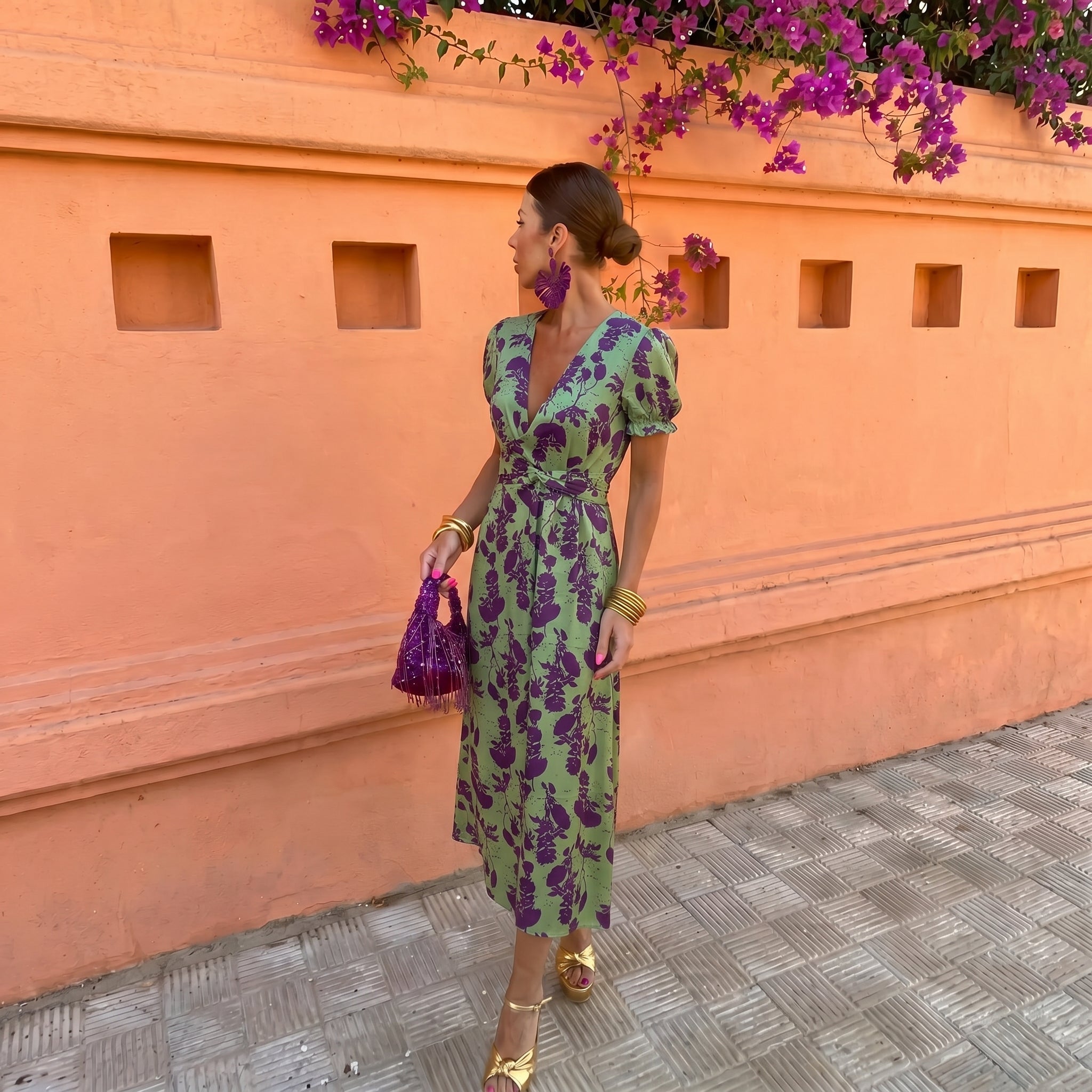Charlotte - Women's Wedding Guest Floral Wrap Midi Dress - Midi Dress - Green - Taylor & Bennett