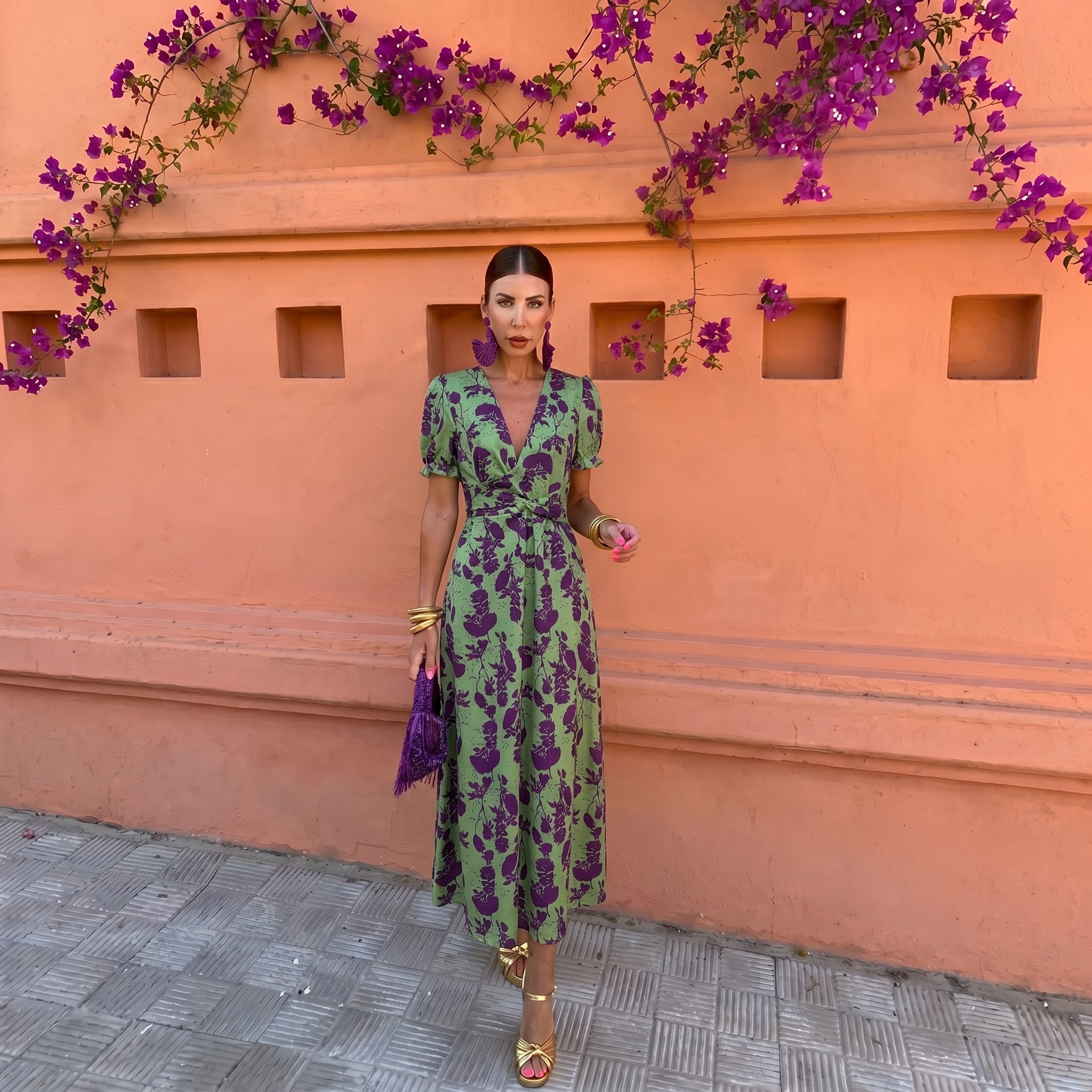 Charlotte - Women's Wedding Guest Floral Wrap Midi Dress - Midi Dress - Green - Taylor & Bennett