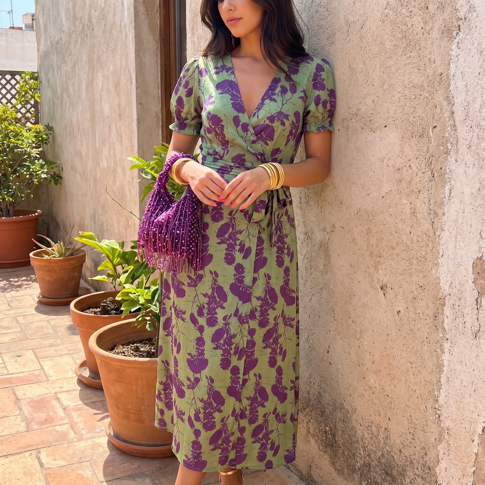 Charlotte - Women's Wedding Guest Floral Wrap Midi Dress - Midi Dress - Green - Taylor & Bennett