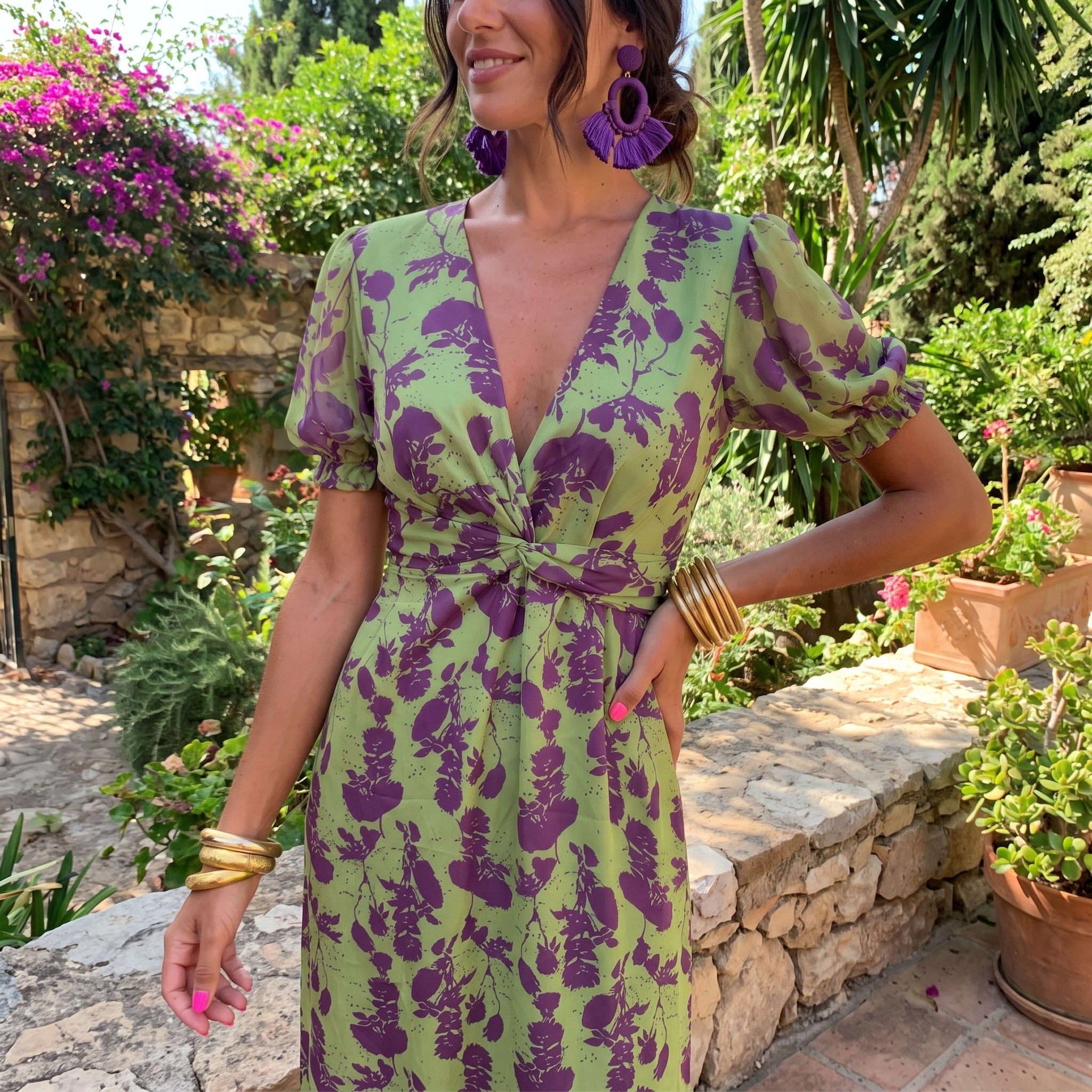 Charlotte - Women's Wedding Guest Floral Wrap Midi Dress - Midi Dress - Green - Taylor & Bennett