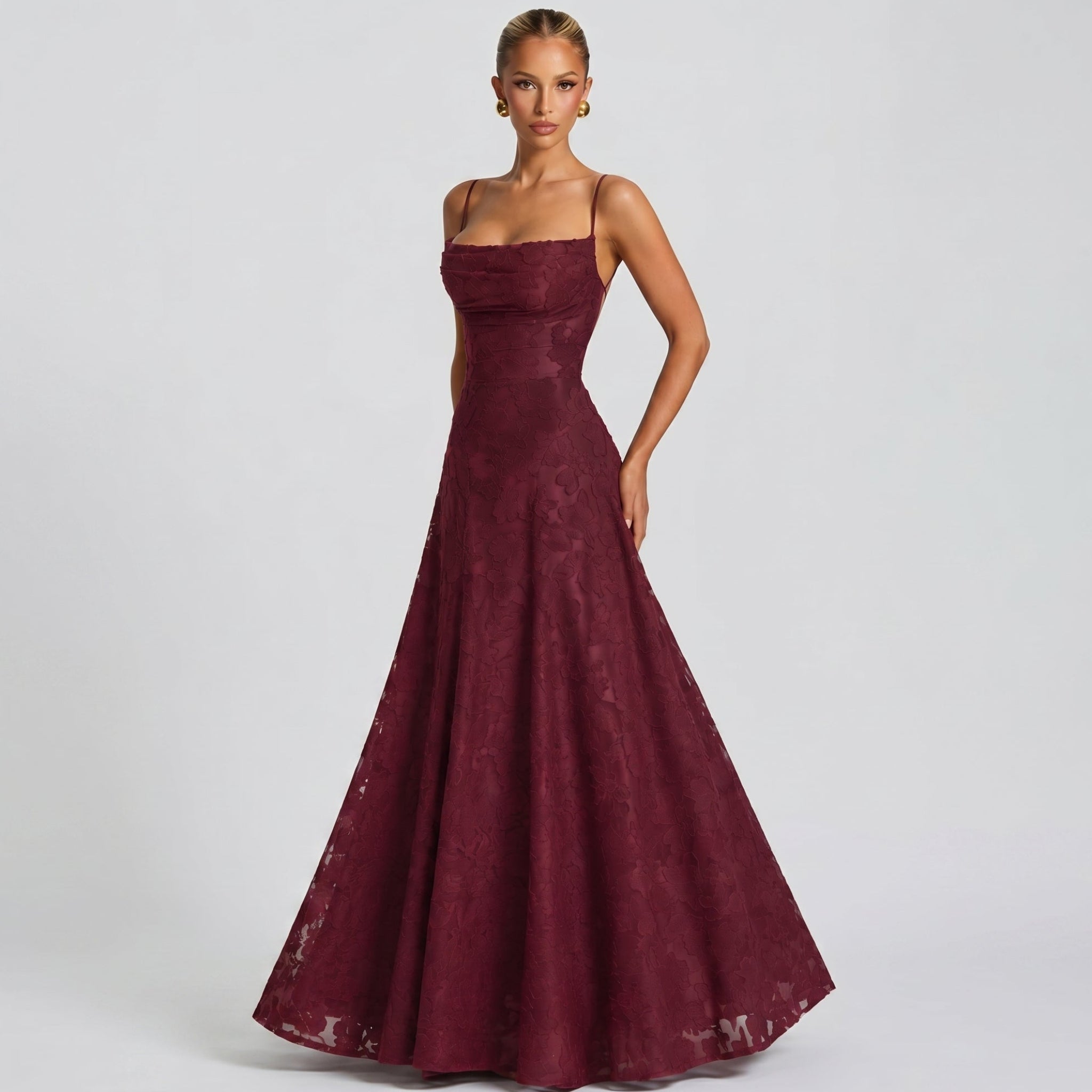 Charlotte - Women's Wedding Guest Lace Maxi Dress - Maxi Dress - Burgundy - Taylor & Bennett