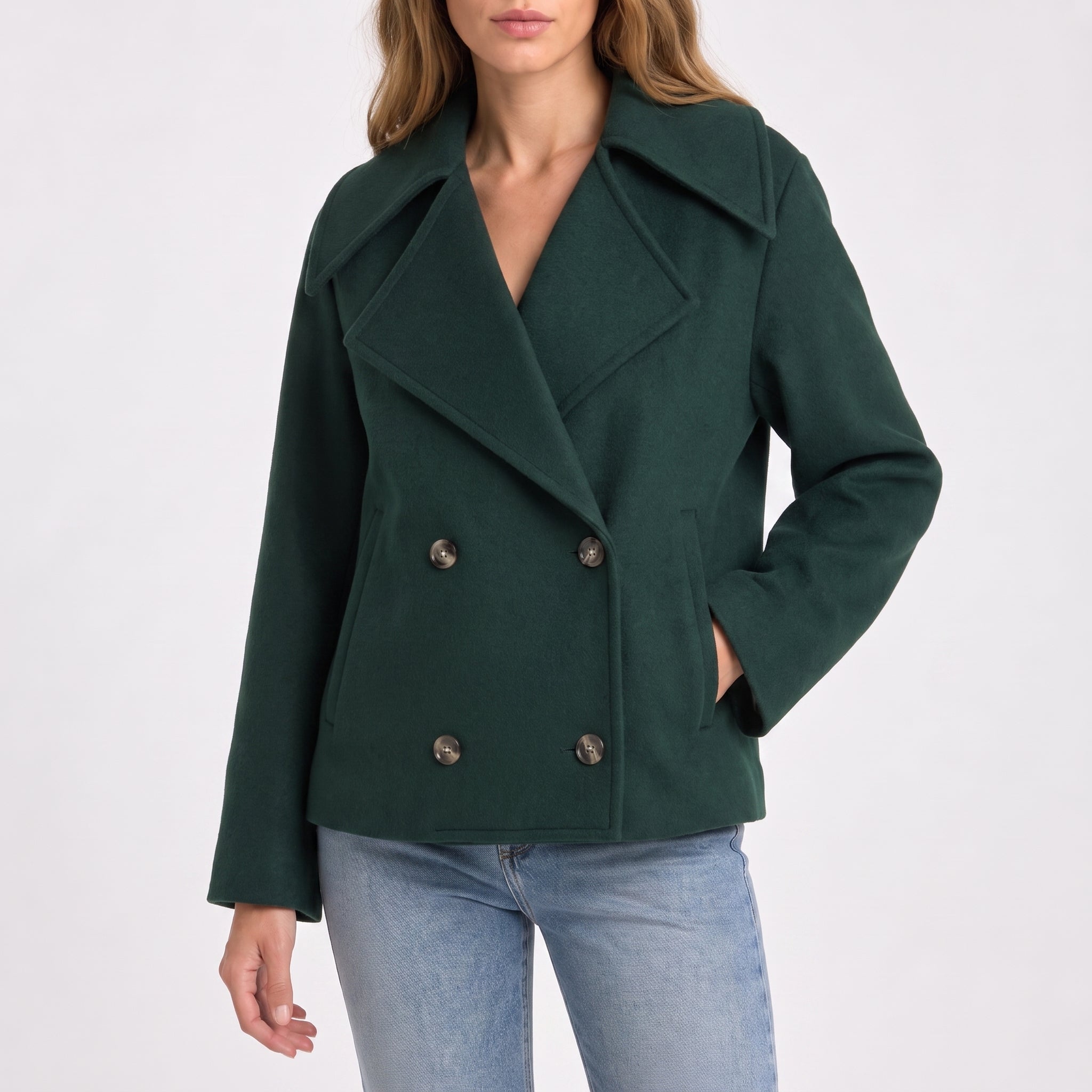 Charlotte - Women's Wide Lapel Cropped Double-Breasted Jacket - Pea Coats - Green - Taylor & Bennett