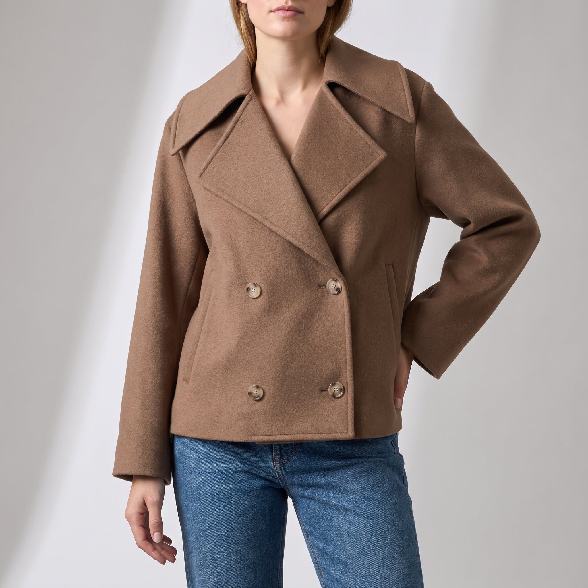 Charlotte - Women's Wide Lapel Cropped Double-Breasted Jacket - Pea Coats - Brown - Taylor & Bennett
